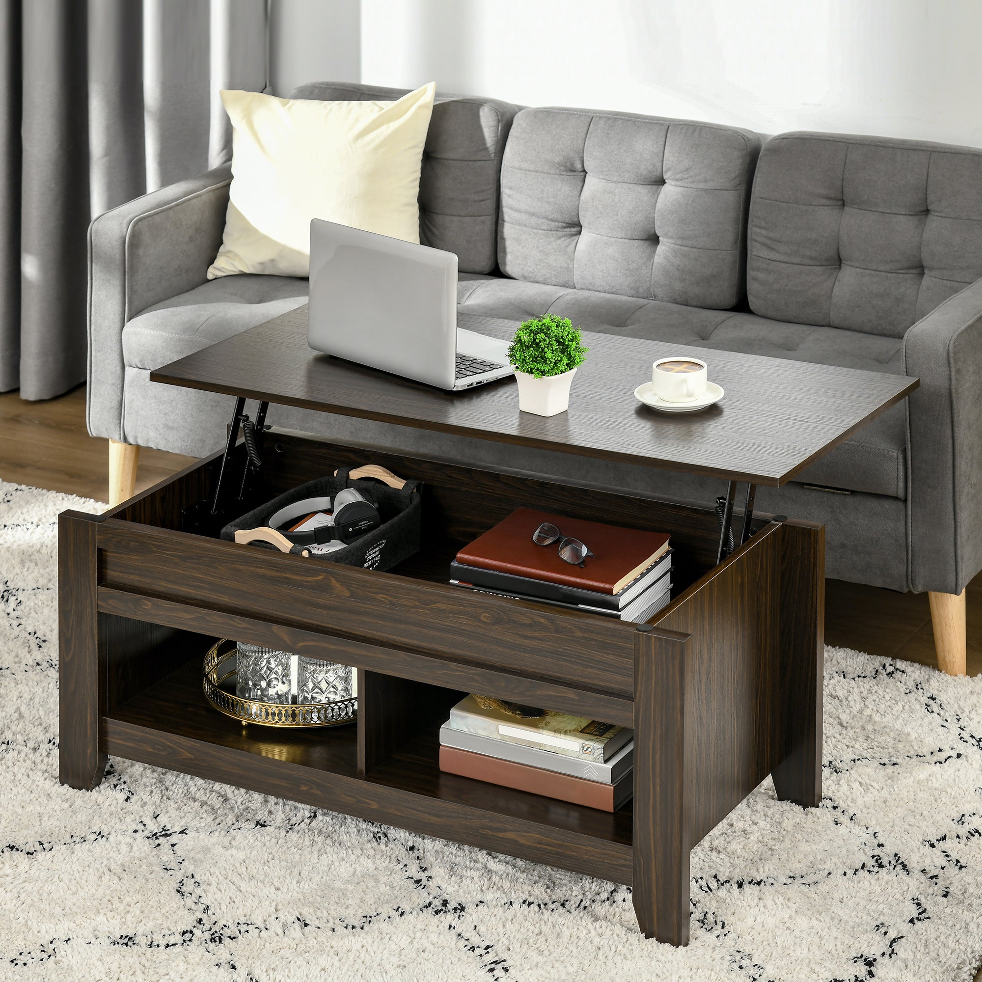 Lift Top Coffee Table with Hidden Storage Compartment and Open Shelves, Lift Tabletop Pop-Up Center Table for Living Room, Dark Walnut-Home Furnishings > Living Room Furniture > Coffee Tables-DECOROLALA