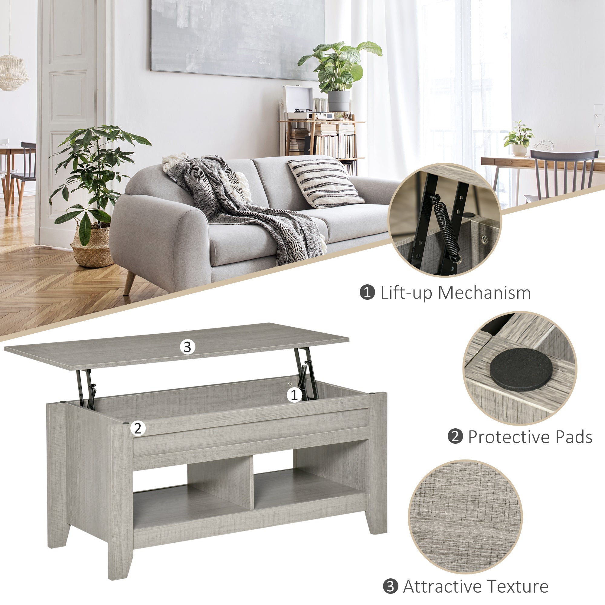 Lift Top Coffee Table with Hidden Storage Compartment and Open Shelves, Lift Tabletop Pop-Up Center Table for Living Room, Light Grey-Home Furnishings > Living Room Furniture > Coffee Tables-DECOROLALA