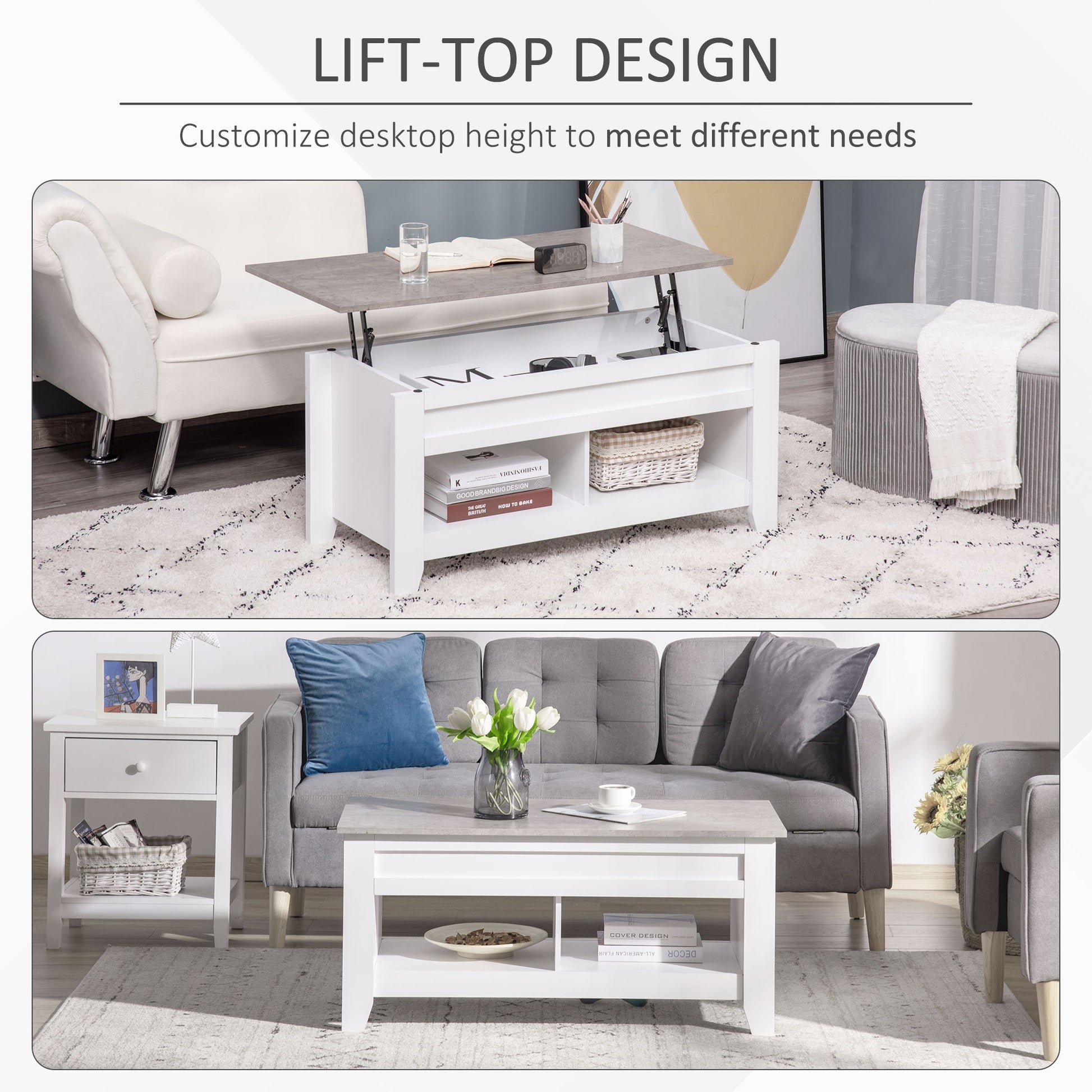 Lift Top Coffee Table with Hidden Storage Compartment and Open Shelves, Lift Tabletop Pop-Up Center Table for Living Room, White-Home Furnishings > Living Room Furniture > Coffee Tables-DECOROLALA
