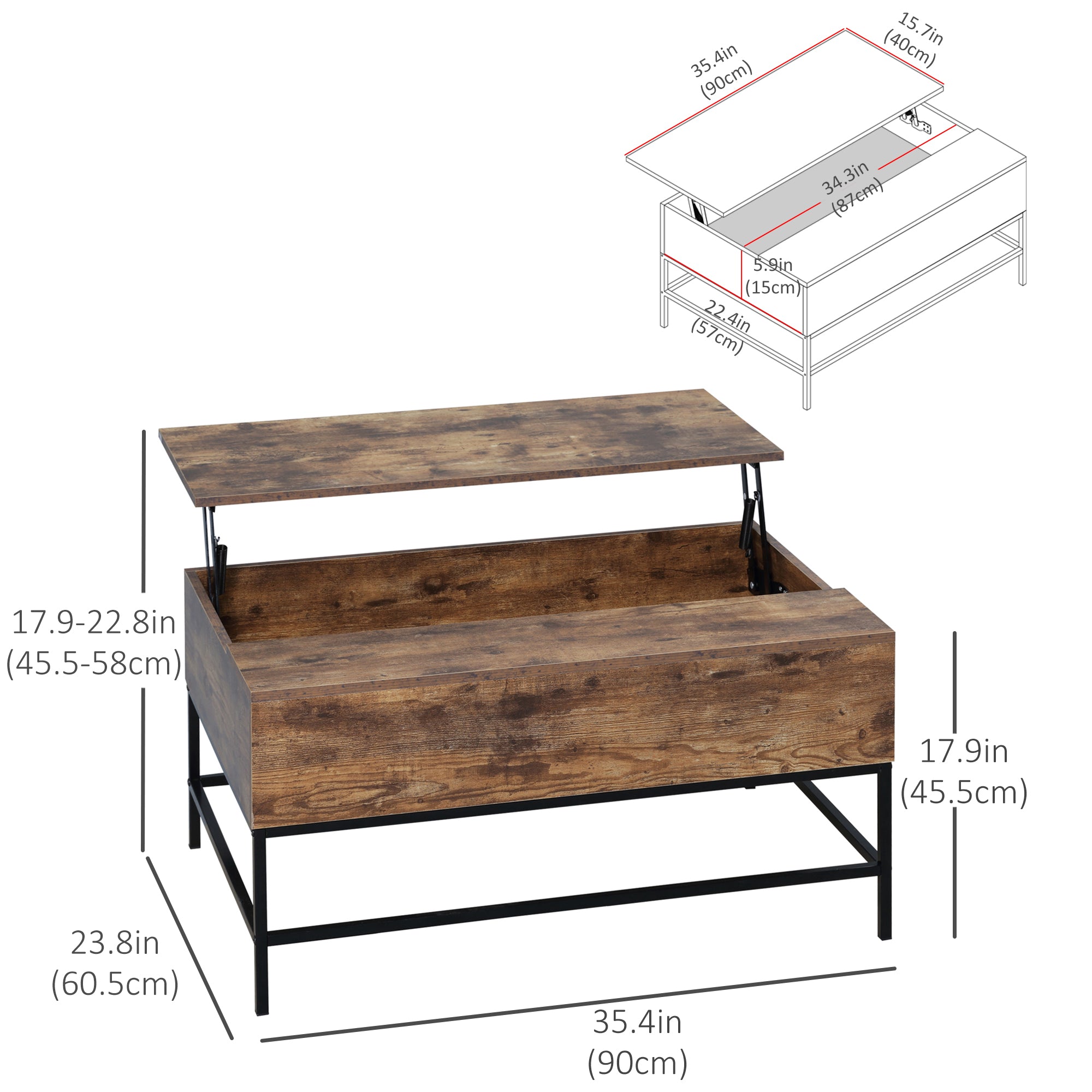 Lift Top Coffee Table with Hidden Storage - Rustic Brown-Home Furnishings > Living Room Furniture > Coffee Tables-DECOROLALA
