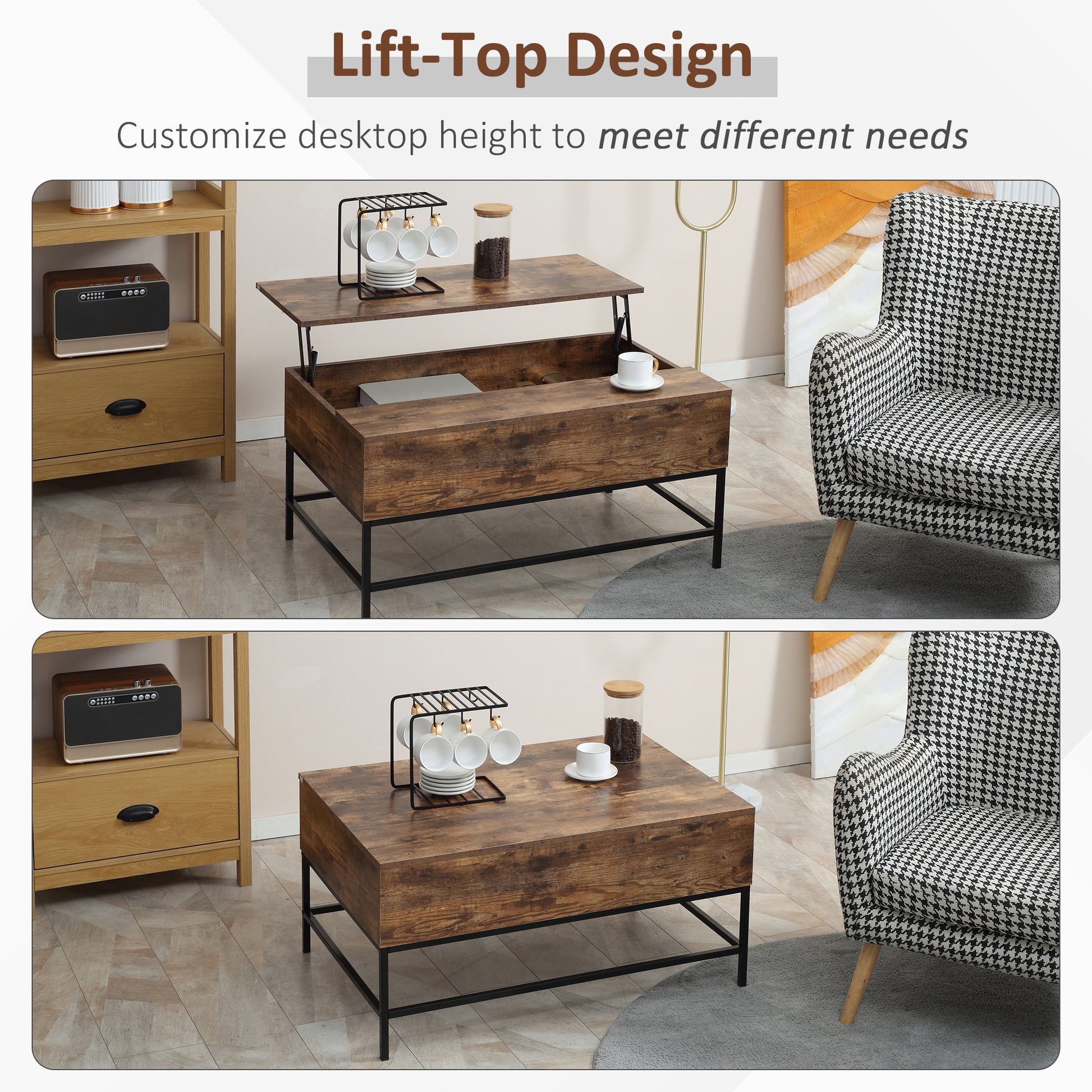 Lift Top Coffee Table with Hidden Storage - Rustic Brown-Home Furnishings > Living Room Furniture > Coffee Tables-DECOROLALA