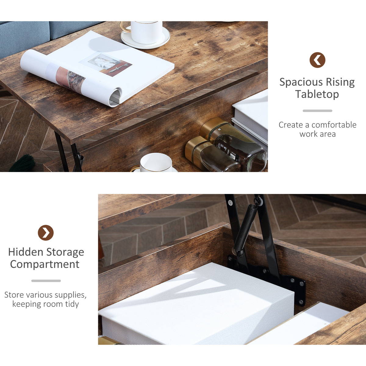 Lift Top Coffee Table with Hidden Storage - Rustic Brown-Home Furnishings > Living Room Furniture > Coffee Tables-DECOROLALA