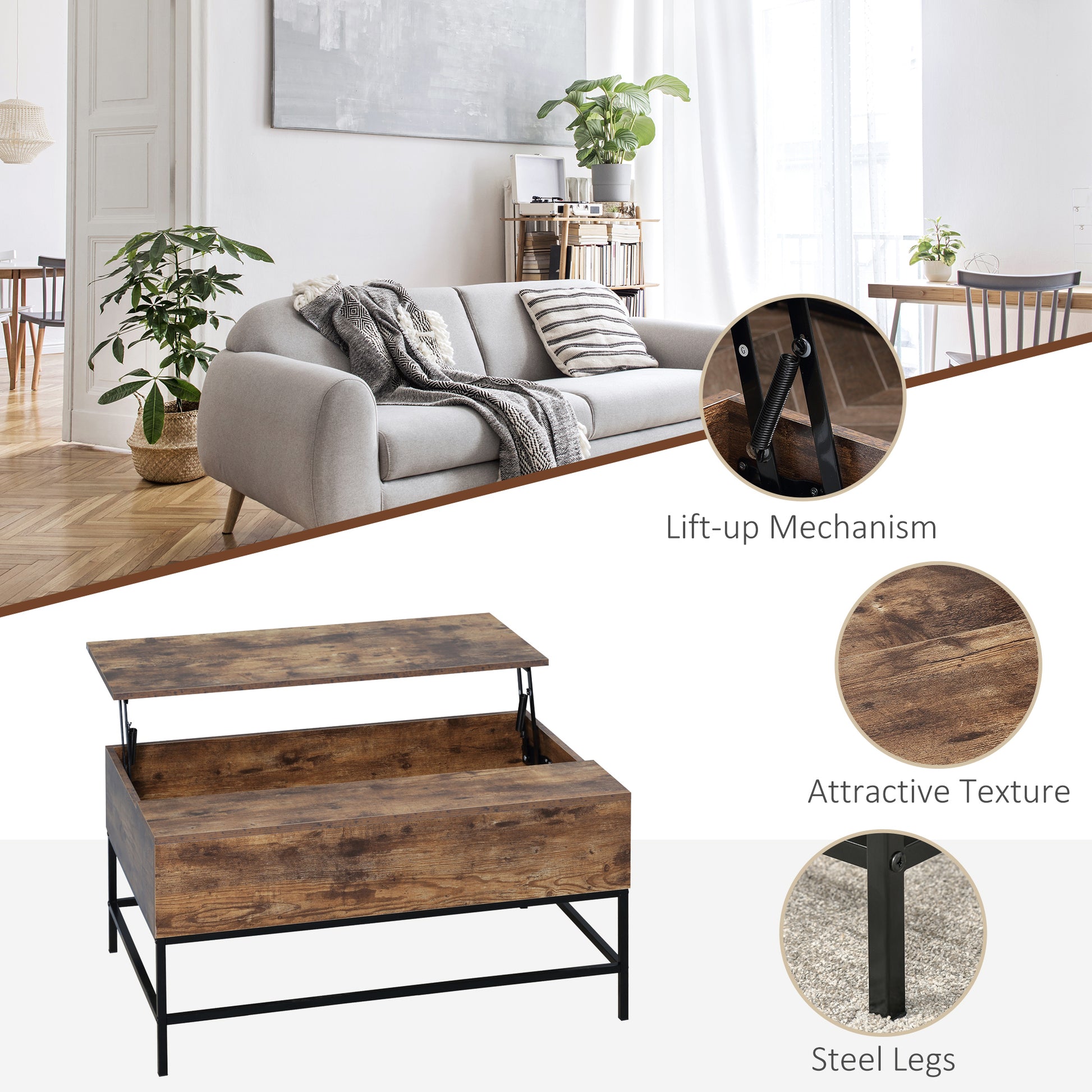 Lift Top Coffee Table with Hidden Storage - Rustic Brown-Home Furnishings > Living Room Furniture > Coffee Tables-DECOROLALA