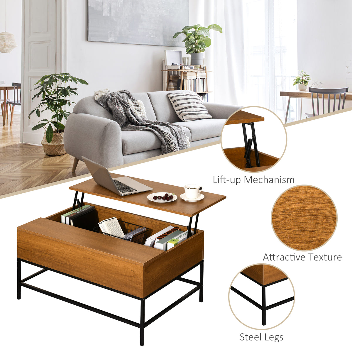 Lift Top Coffee Table with Hidden Storage - Teak-Home Furnishings > Living Room Furniture > Coffee Tables-DECOROLALA