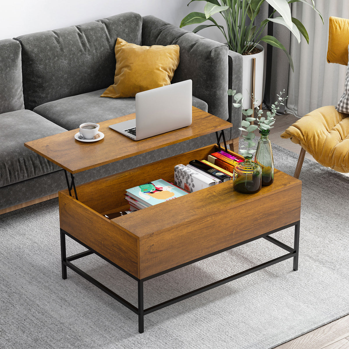 Lift Top Coffee Table with Hidden Storage - Teak-Home Furnishings > Living Room Furniture > Coffee Tables-DECOROLALA