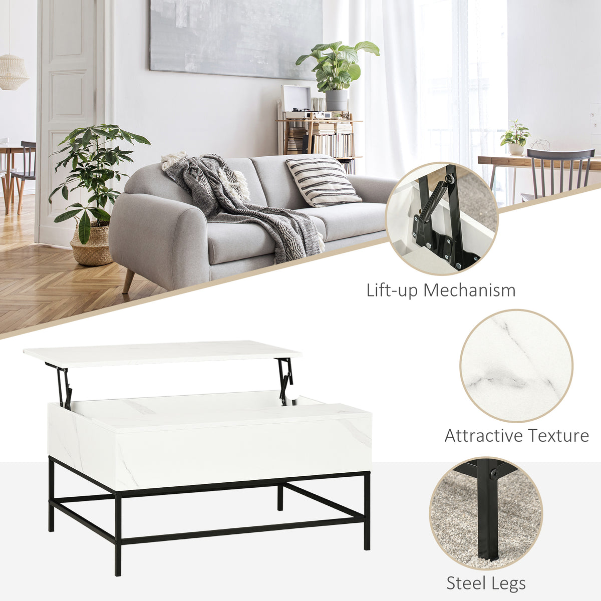 Lift Top Coffee Table with Hidden Storage - White 35.5"-Home Furnishings > Living Room Furniture > Coffee Tables-DECOROLALA
