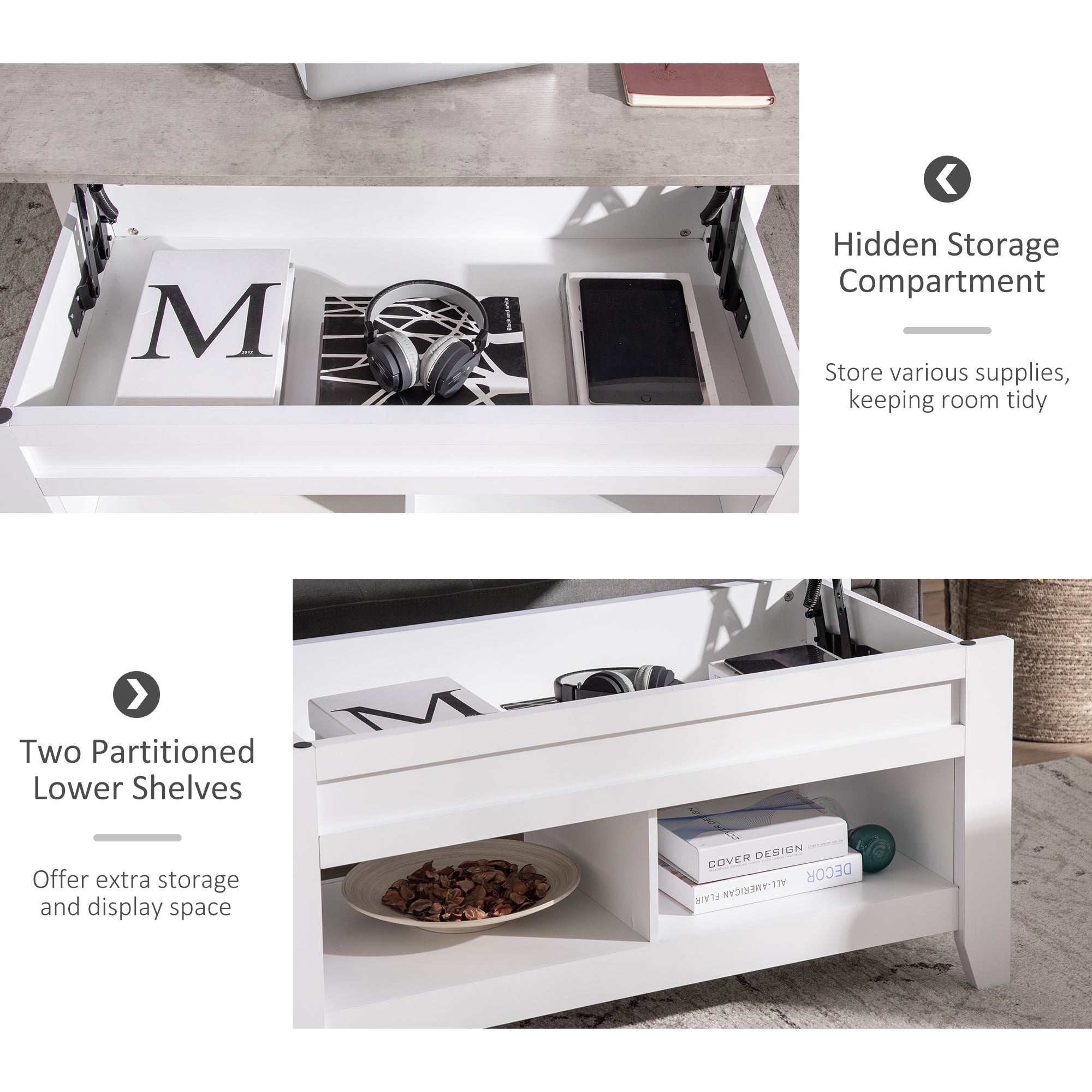 Lift Top Coffee Table with Hidden Storage - White 41"-Home Furnishings > Living Room Furniture > Coffee Tables-DECOROLALA