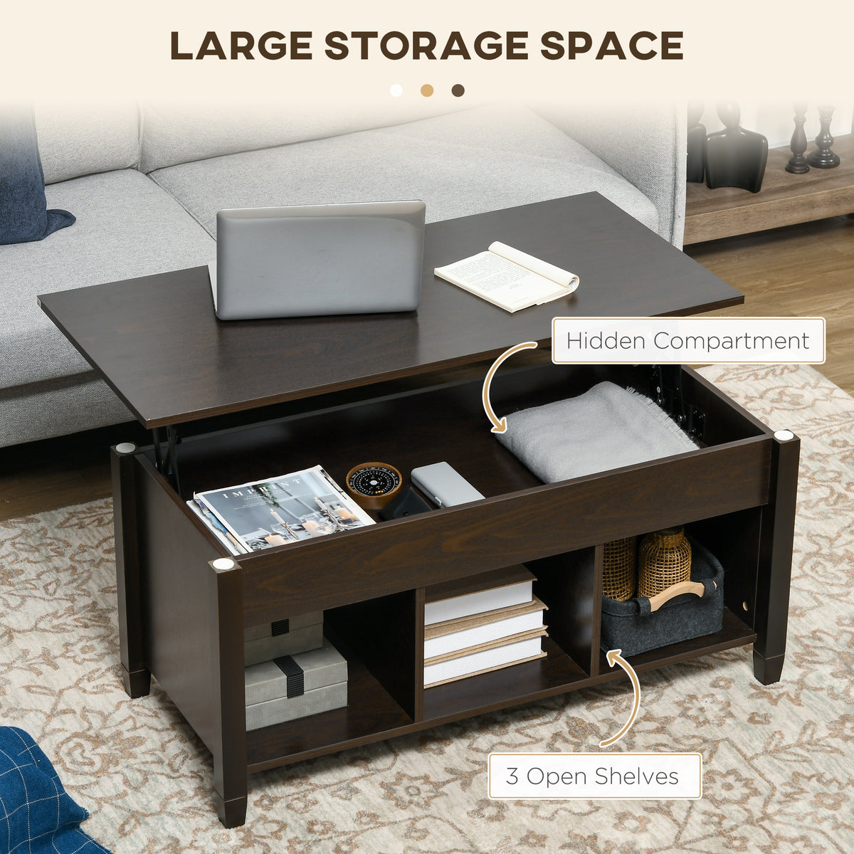 Lift Top Coffee Table with Storage - 41" Espresso-Home Furnishings > Living Room Furniture > Coffee Tables-DECOROLALA