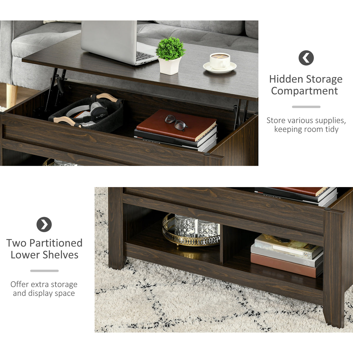 Lift Top Coffee Table with Storage - Dark Walnut-Home Furnishings > Living Room Furniture > Coffee Tables-DECOROLALA