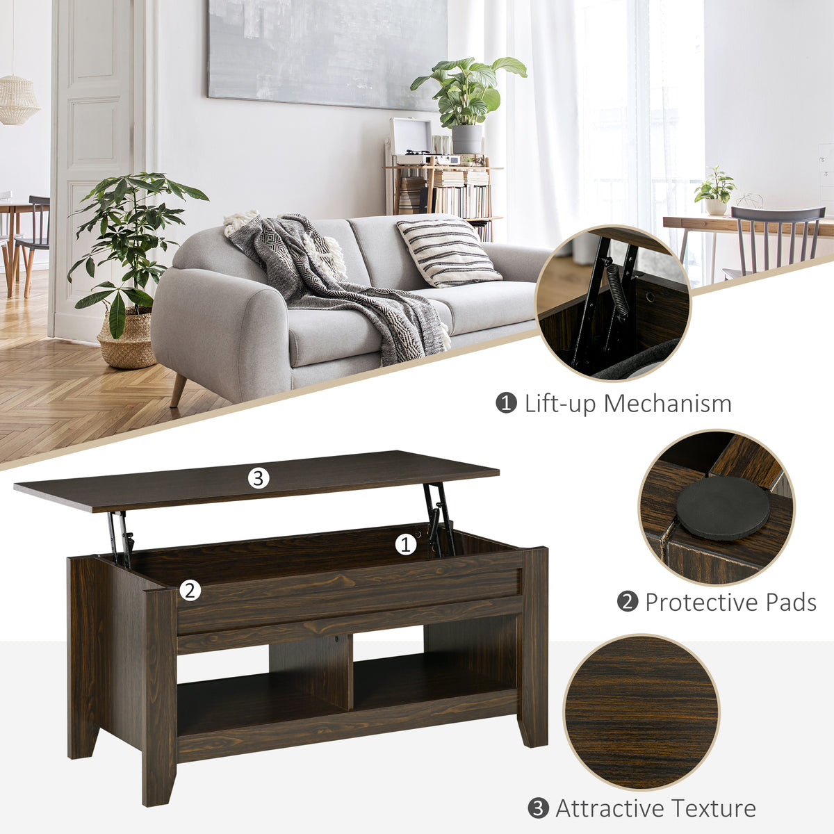Lift Top Coffee Table with Storage - Dark Walnut-Home Furnishings > Living Room Furniture > Coffee Tables-DECOROLALA