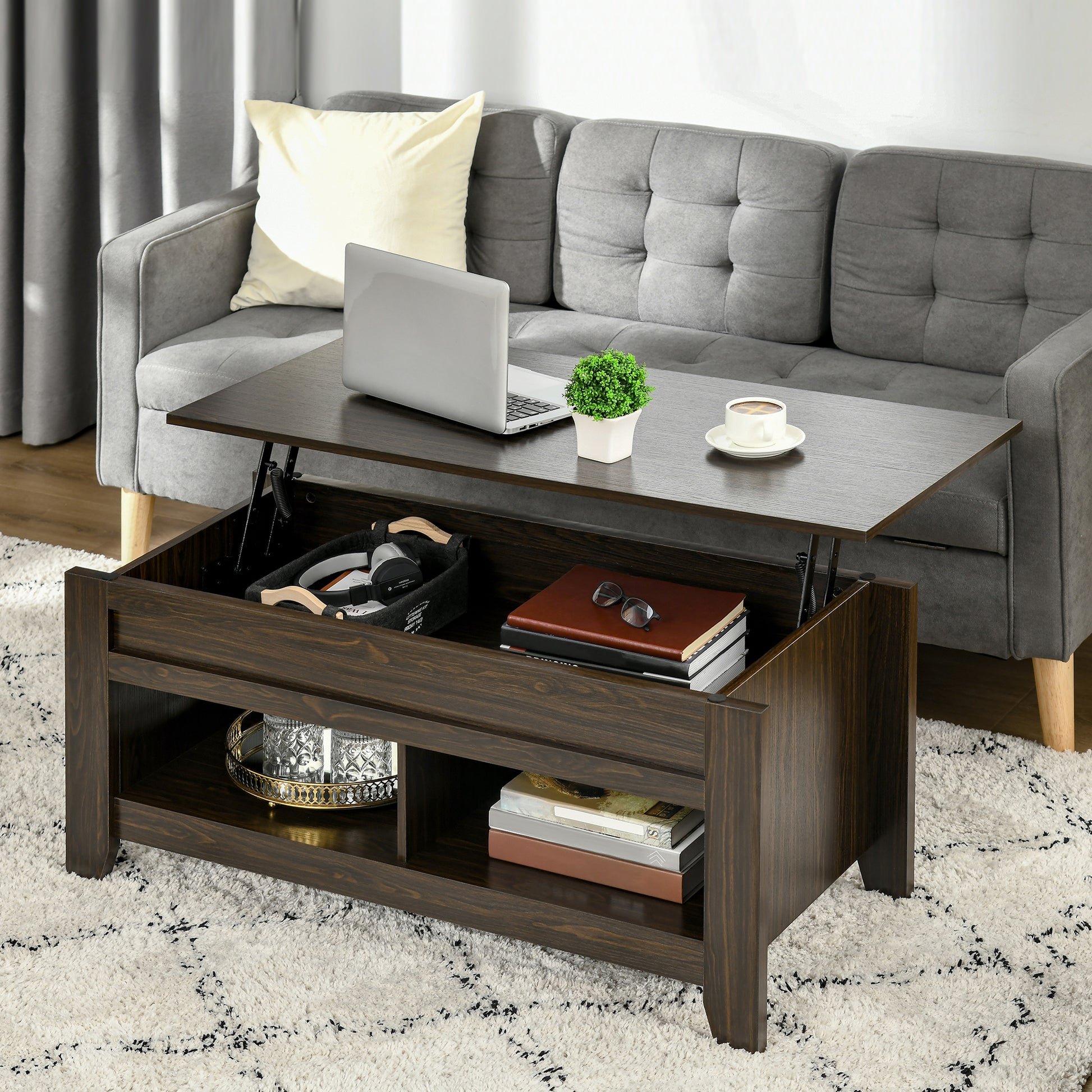 Lift Top Coffee Table with Storage - Dark Walnut-Home Furnishings > Living Room Furniture > Coffee Tables-DECOROLALA
