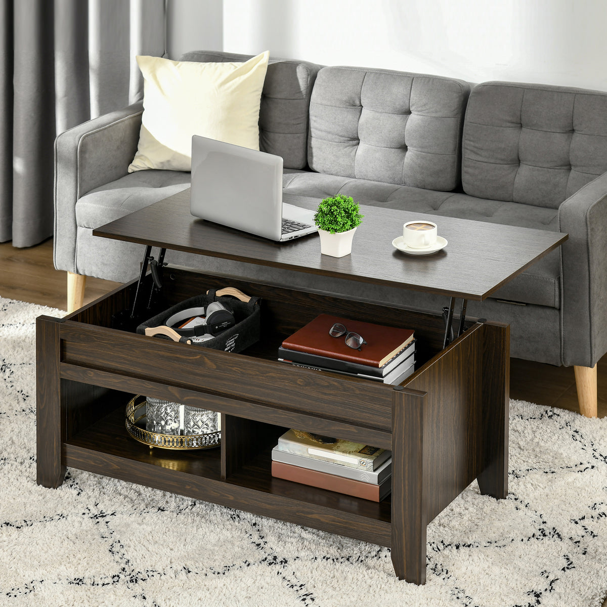 Lift Top Coffee Table with Storage - Dark Walnut-Home Furnishings > Living Room Furniture > Coffee Tables-DECOROLALA