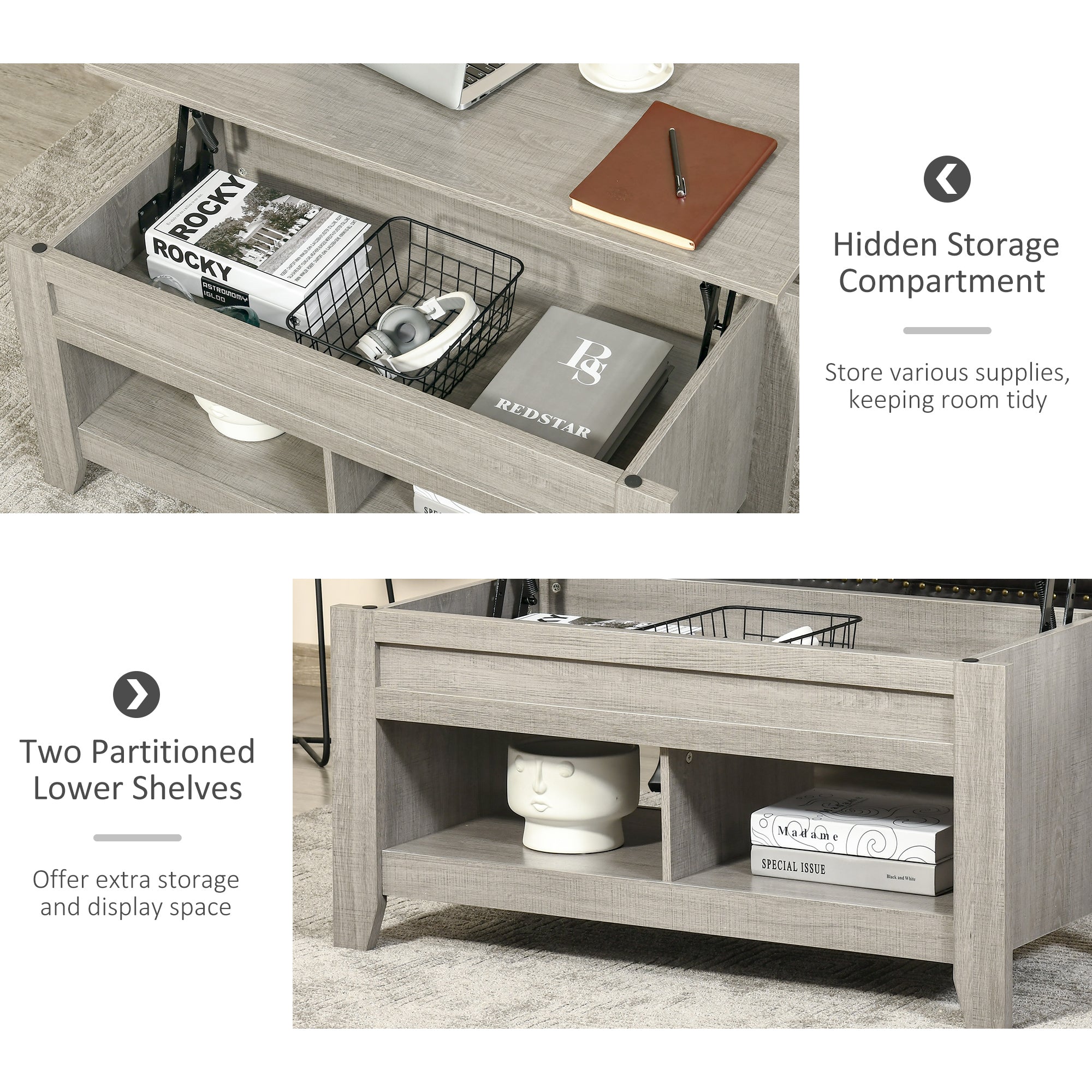 Lift Top Coffee Table with Storage - Light Grey 41"-Home Furnishings > Living Room Furniture > Coffee Tables-DECOROLALA