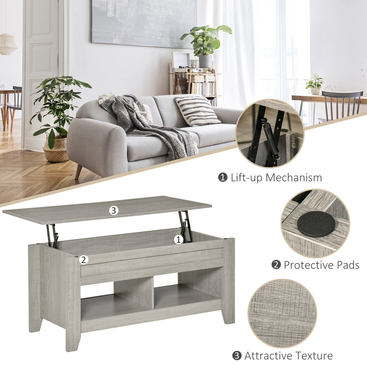 Lift Top Coffee Table with Storage - Light Grey 41"-Home Furnishings > Living Room Furniture > Coffee Tables-DECOROLALA