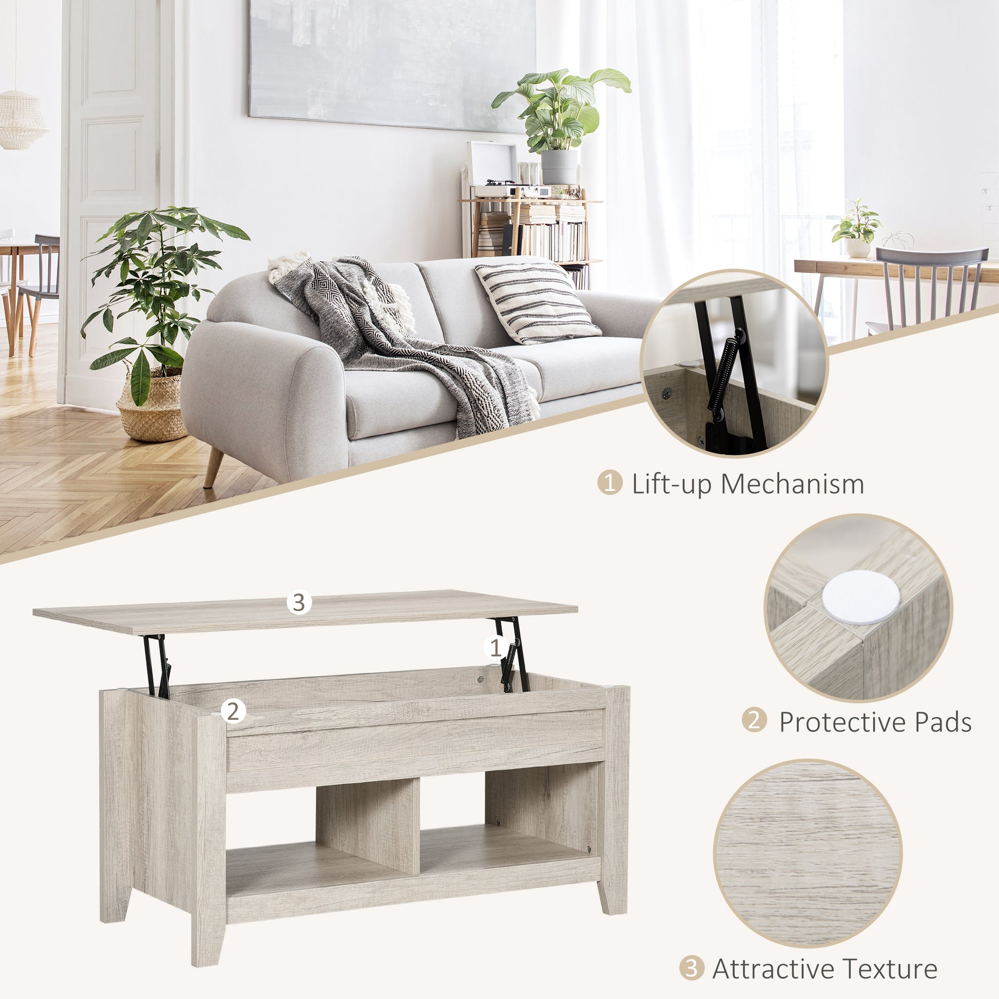 Lift Top Coffee Table with Storage - Oak 41.3"-Home Furnishings > Living Room Furniture > Coffee Tables-DECOROLALA
