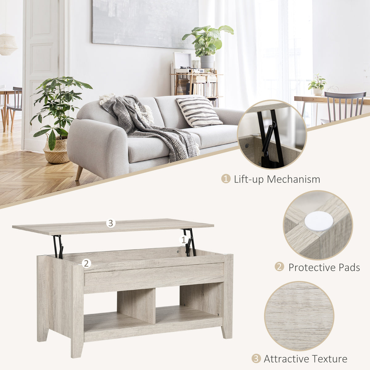 Lift Top Coffee Table with Storage - Oak 41.3"-Home Furnishings > Living Room Furniture > Coffee Tables-DECOROLALA