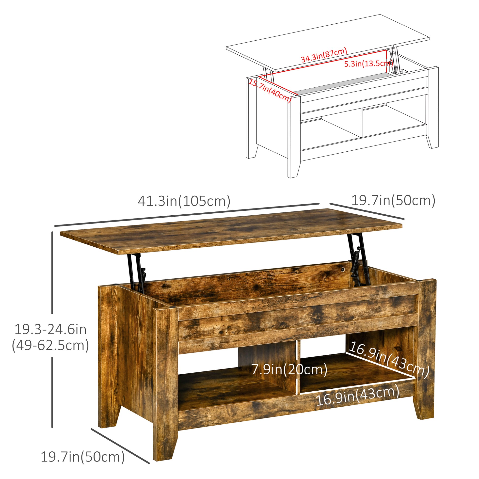 Lift Top Coffee Table with Storage - Rustic Brown-Home Furnishings > Living Room Furniture > Coffee Tables-DECOROLALA