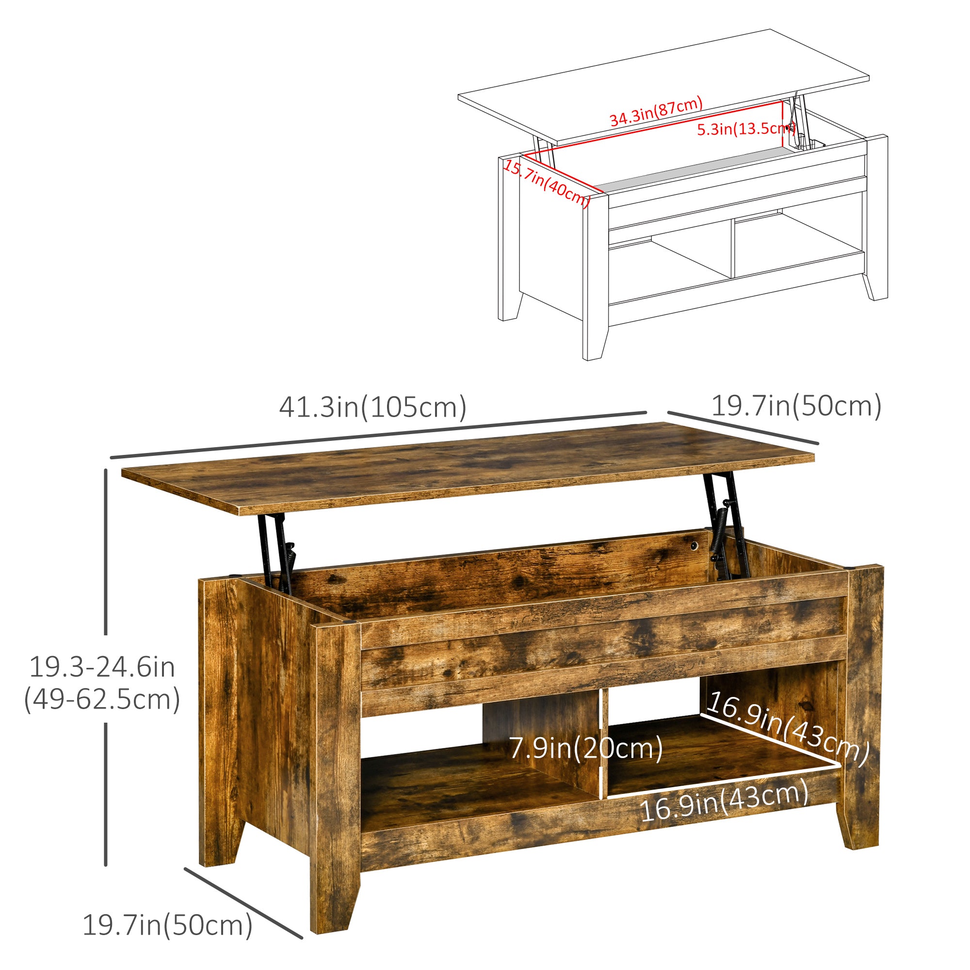 Lift Top Coffee Table with Storage - Rustic Brown-Home Furnishings > Living Room Furniture > Coffee Tables-DECOROLALA