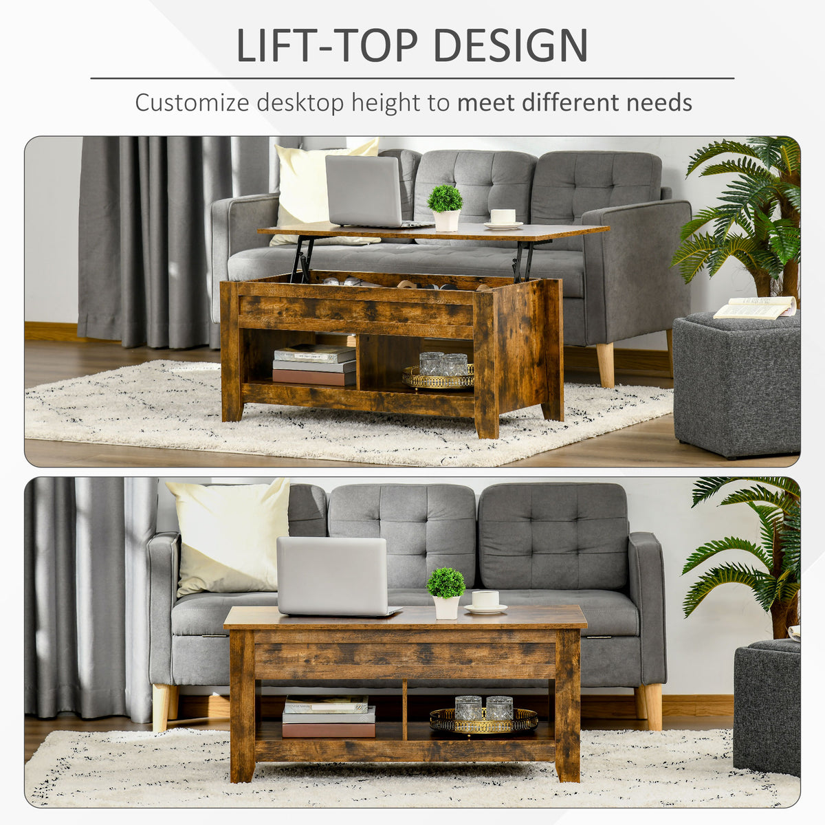 Lift Top Coffee Table with Storage - Rustic Brown-Home Furnishings > Living Room Furniture > Coffee Tables-DECOROLALA