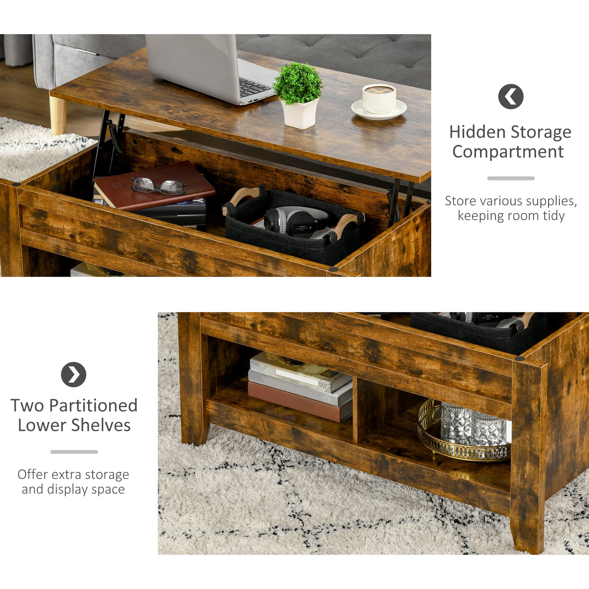 Lift Top Coffee Table with Storage - Rustic Brown-Home Furnishings > Living Room Furniture > Coffee Tables-DECOROLALA
