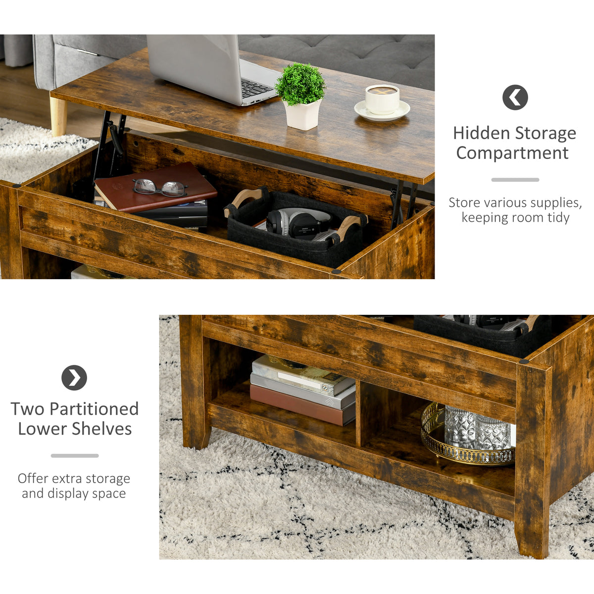 Lift Top Coffee Table with Storage - Rustic Brown-Home Furnishings > Living Room Furniture > Coffee Tables-DECOROLALA