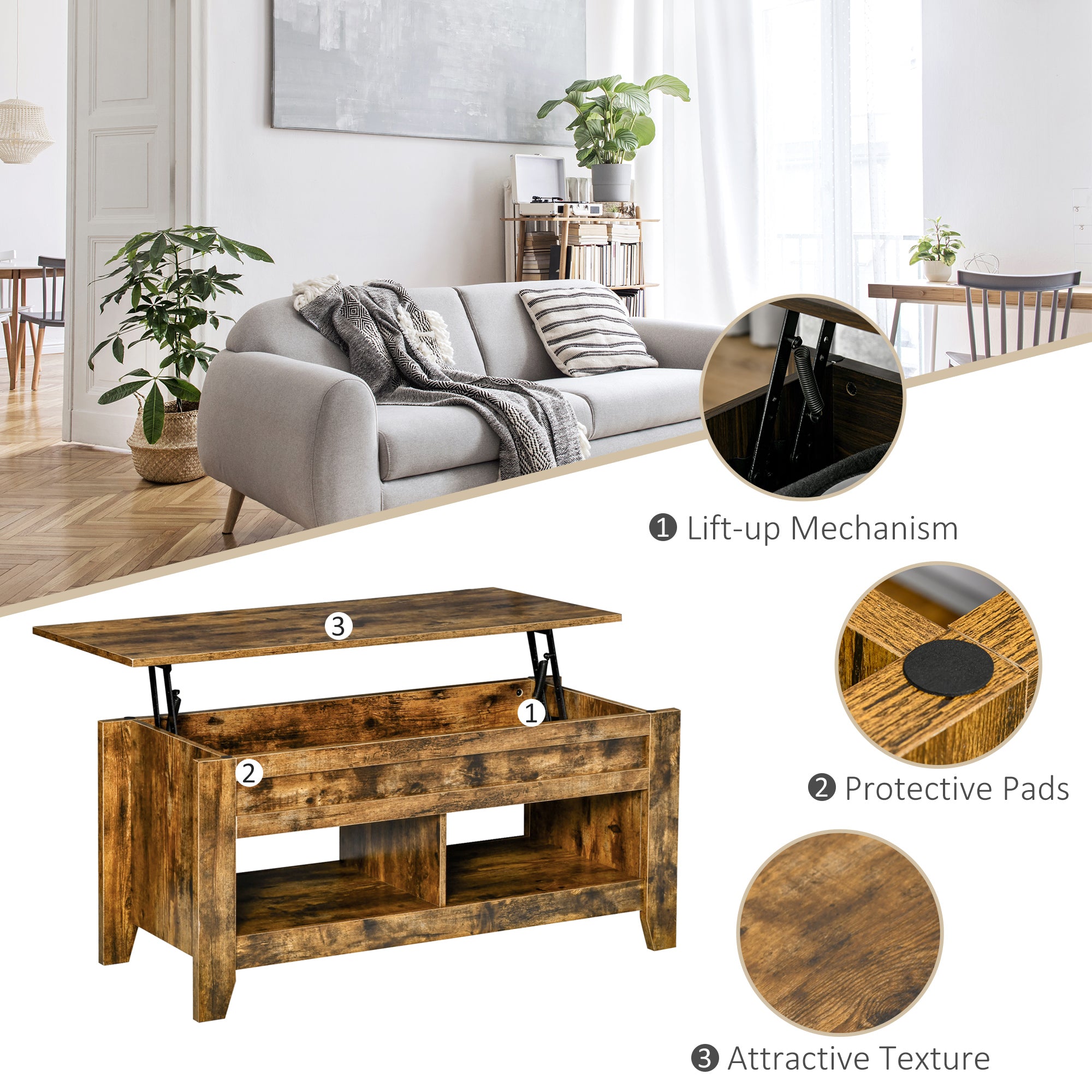 Lift Top Coffee Table with Storage - Rustic Brown-Home Furnishings > Living Room Furniture > Coffee Tables-DECOROLALA