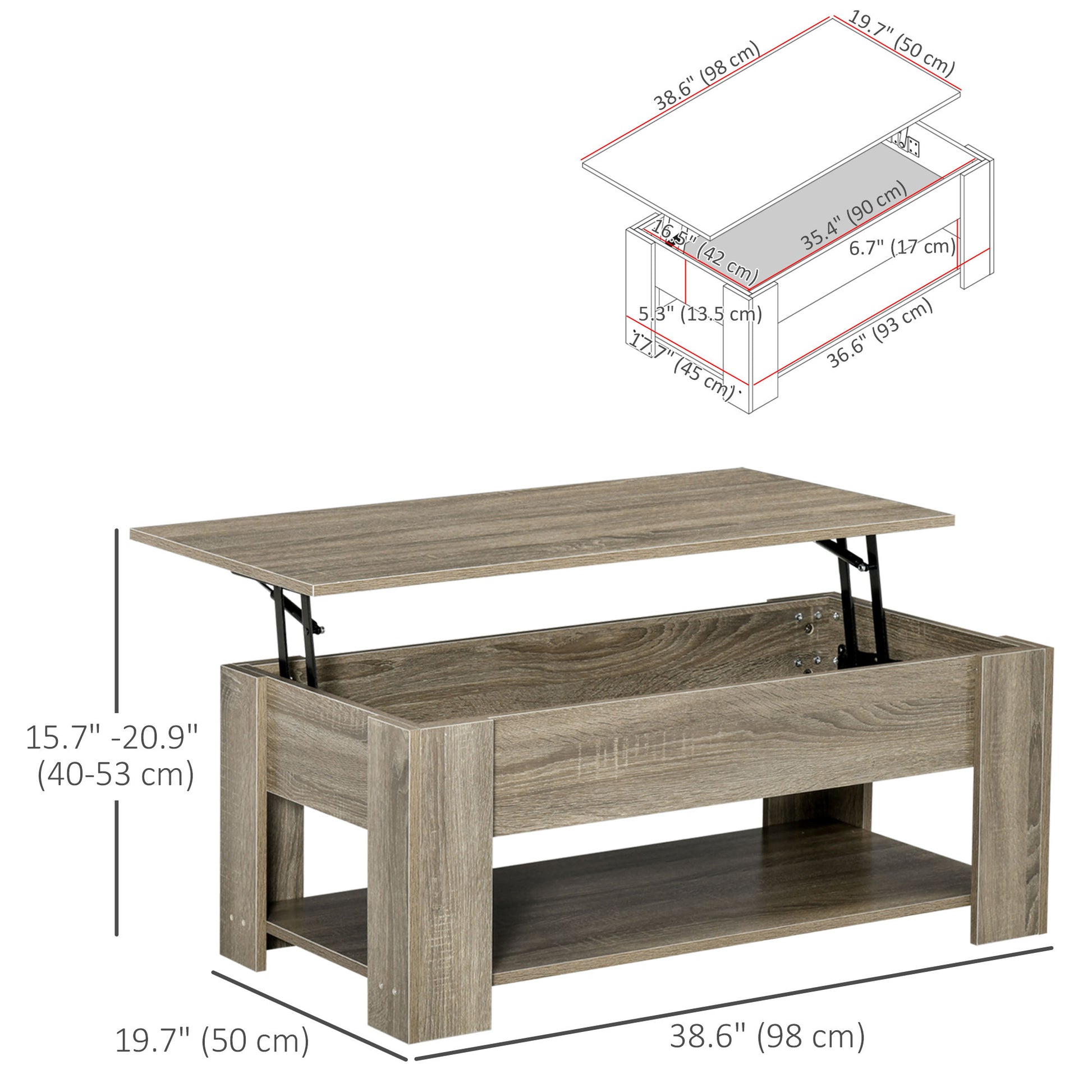 Lift Top Coffee Table with Storage and Shelf - Grey-Home Furnishings > Living Room Furniture > Coffee Tables-DECOROLALA