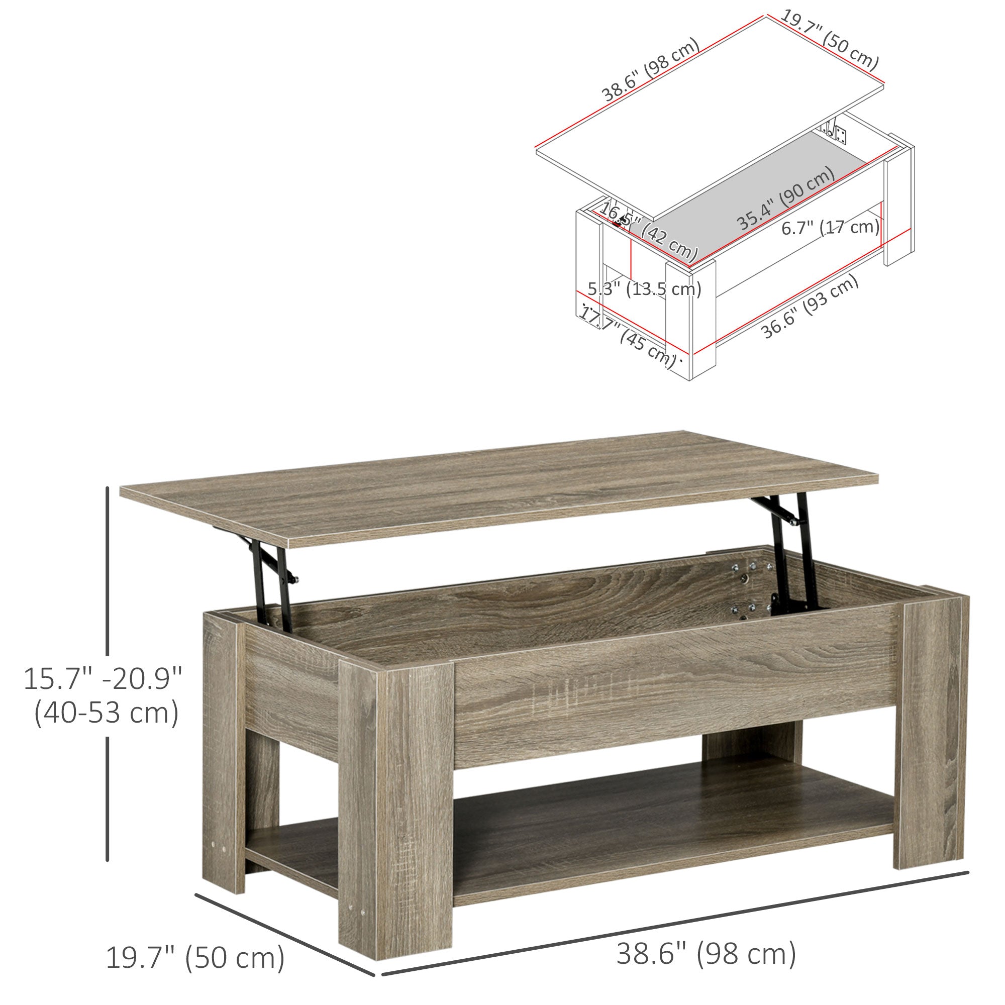 Lift Top Coffee Table with Storage and Shelf - Grey-Home Furnishings > Living Room Furniture > Coffee Tables-DECOROLALA
