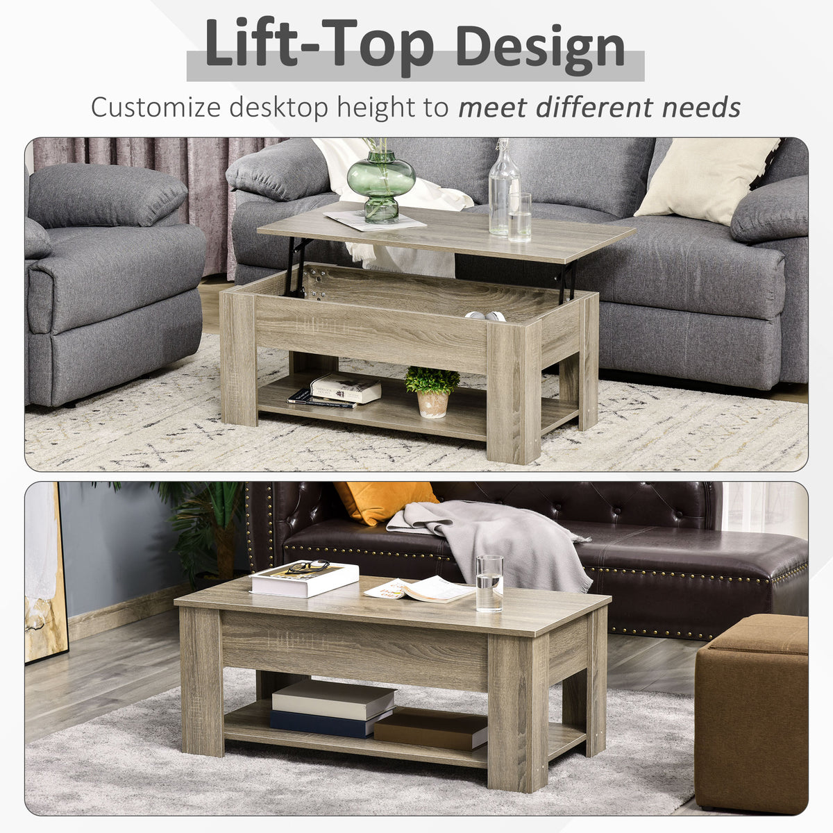 Lift Top Coffee Table with Storage and Shelf - Grey-Home Furnishings > Living Room Furniture > Coffee Tables-DECOROLALA