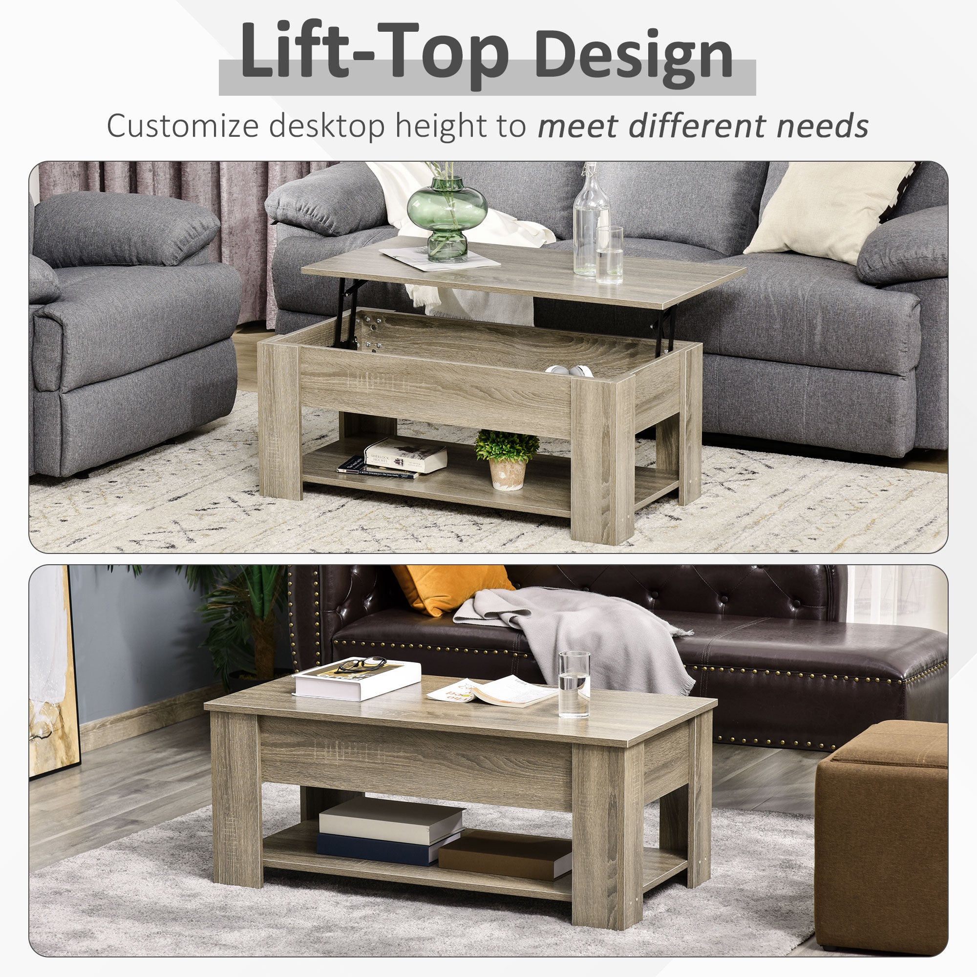 Lift Top Coffee Table with Storage and Shelf - Grey-Home Furnishings > Living Room Furniture > Coffee Tables-DECOROLALA