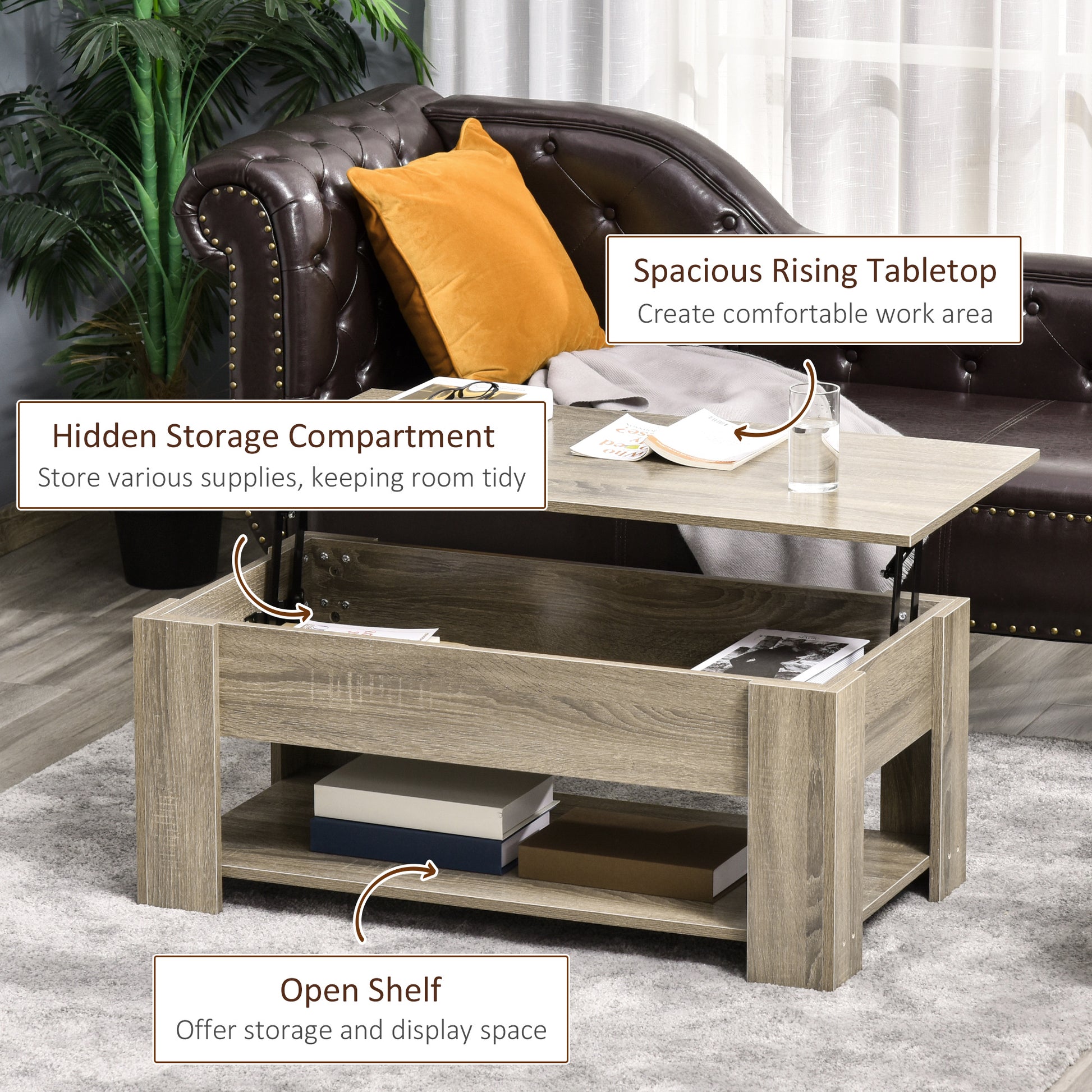 Lift Top Coffee Table with Storage and Shelf - Grey-Home Furnishings > Living Room Furniture > Coffee Tables-DECOROLALA