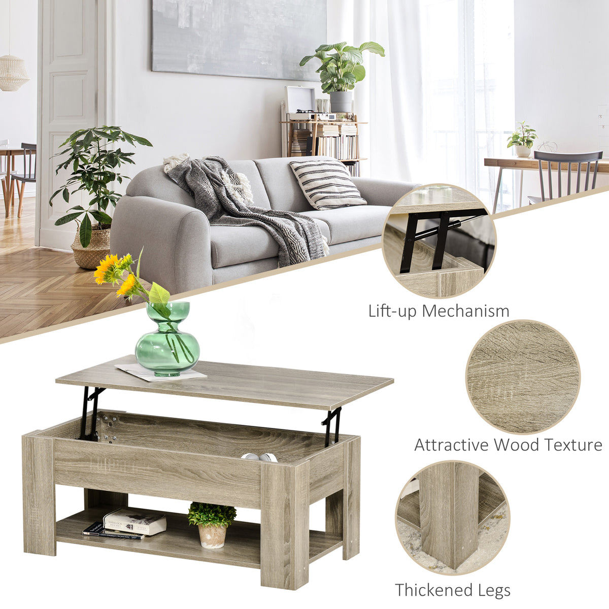 Lift Top Coffee Table with Storage and Shelf - Grey-Home Furnishings > Living Room Furniture > Coffee Tables-DECOROLALA