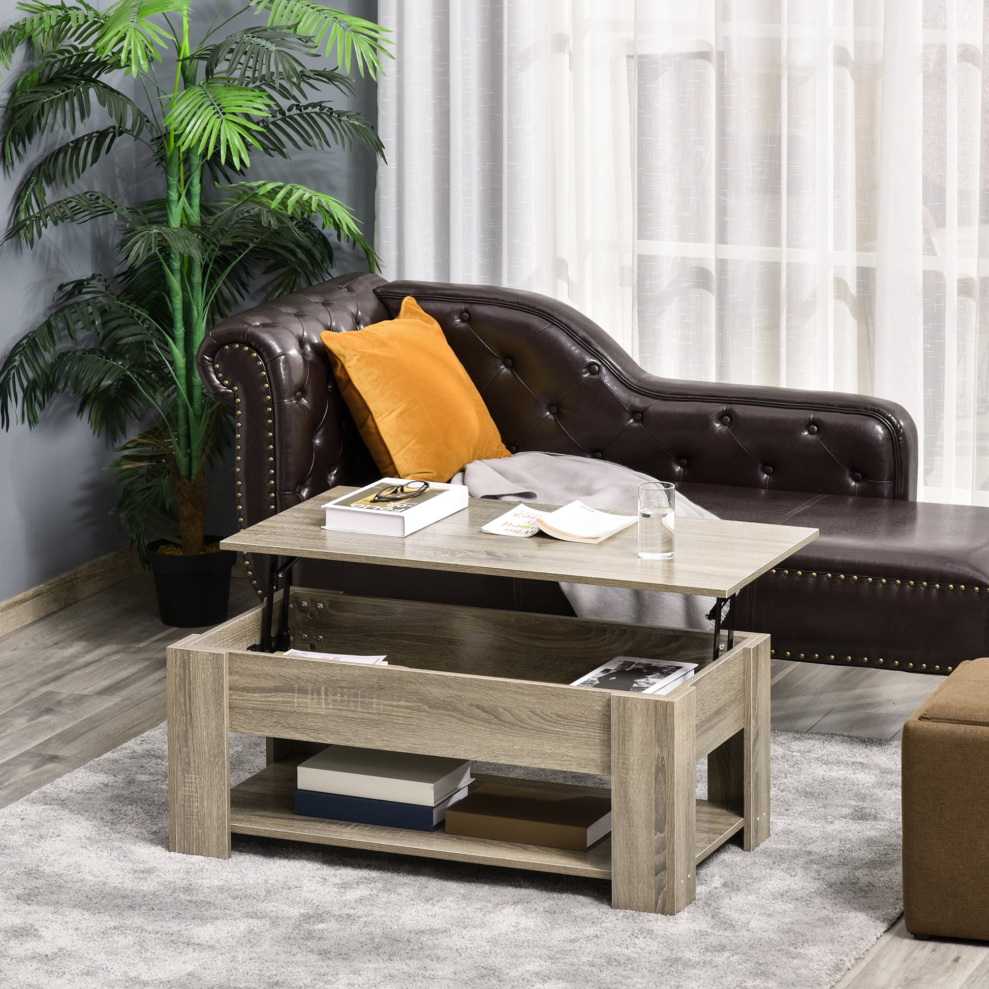 Lift Top Coffee Table with Storage and Shelf - Grey-Home Furnishings > Living Room Furniture > Coffee Tables-DECOROLALA