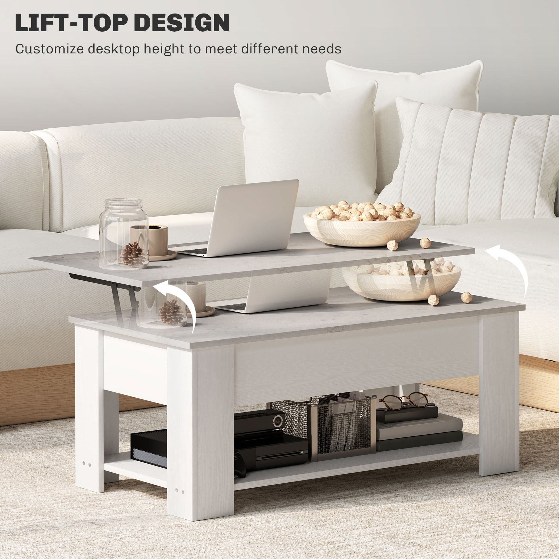 Lift Top Coffee Table with Storage and Shelf - White-Home Furnishings > Living Room Furniture > Coffee Tables-DECOROLALA
