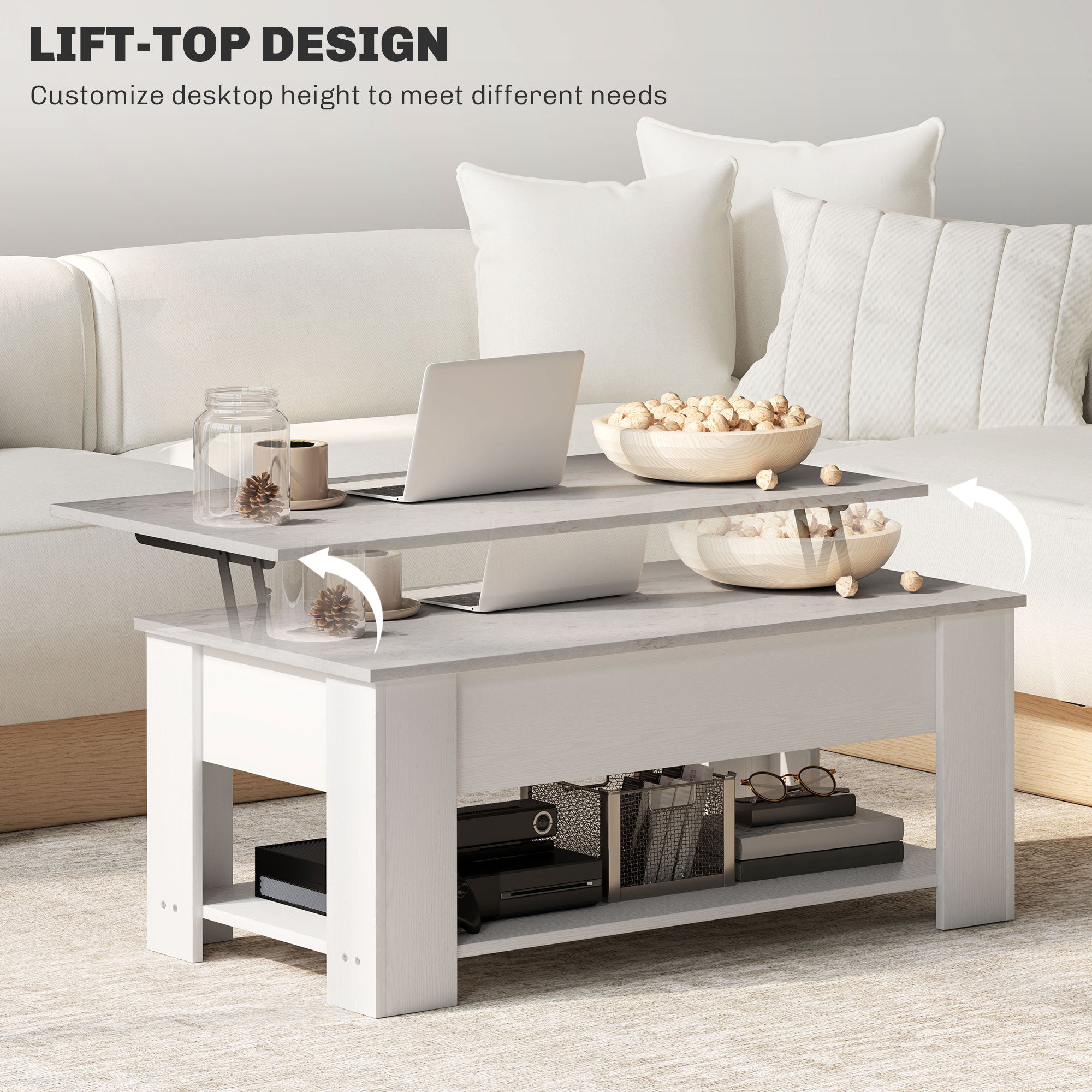 Lift Top Coffee Table with Storage and Shelf - White-Home Furnishings > Living Room Furniture > Coffee Tables-DECOROLALA