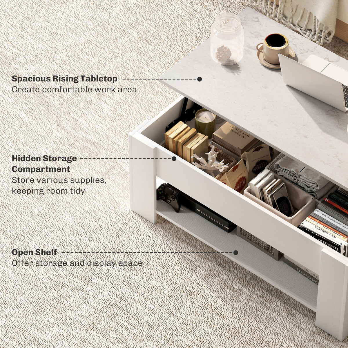 Lift Top Coffee Table with Storage and Shelf - White-Home Furnishings > Living Room Furniture > Coffee Tables-DECOROLALA