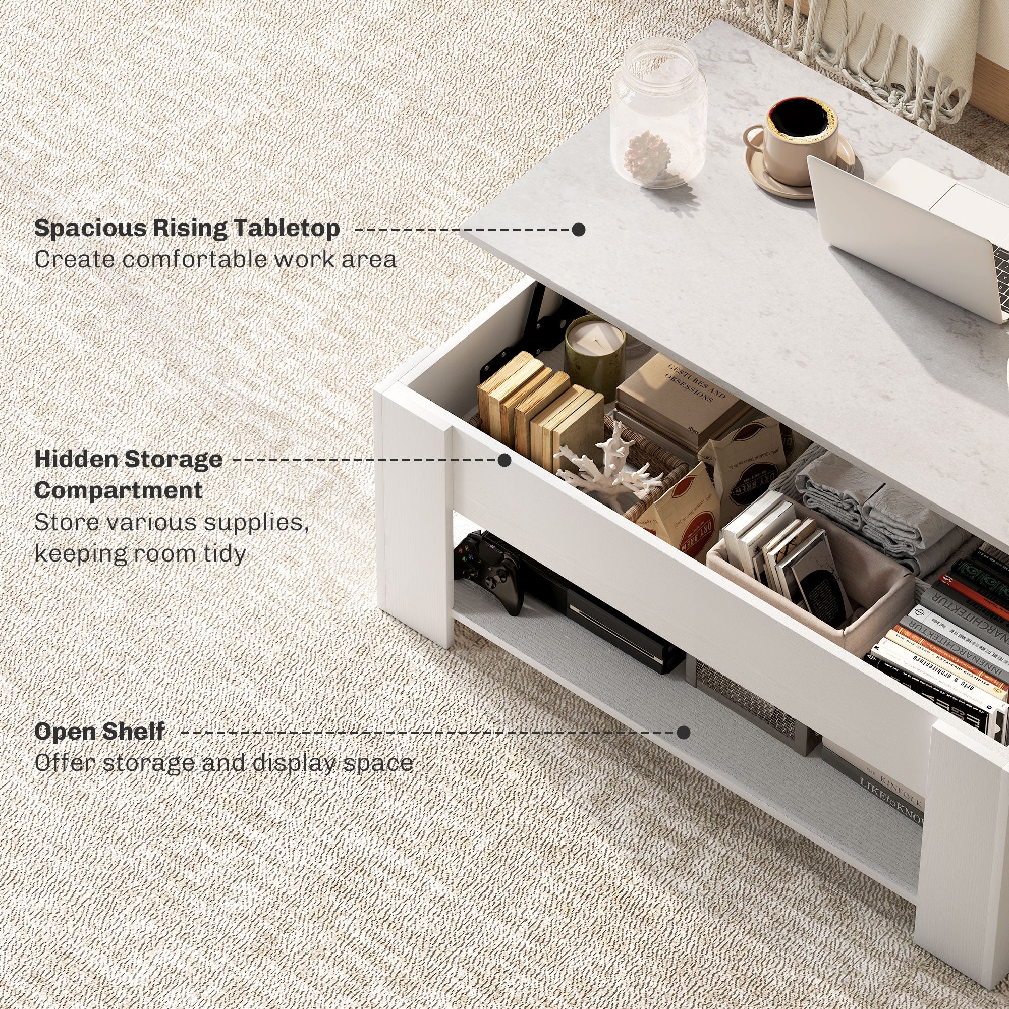 Lift Top Coffee Table with Storage and Shelf - White-Home Furnishings > Living Room Furniture > Coffee Tables-DECOROLALA