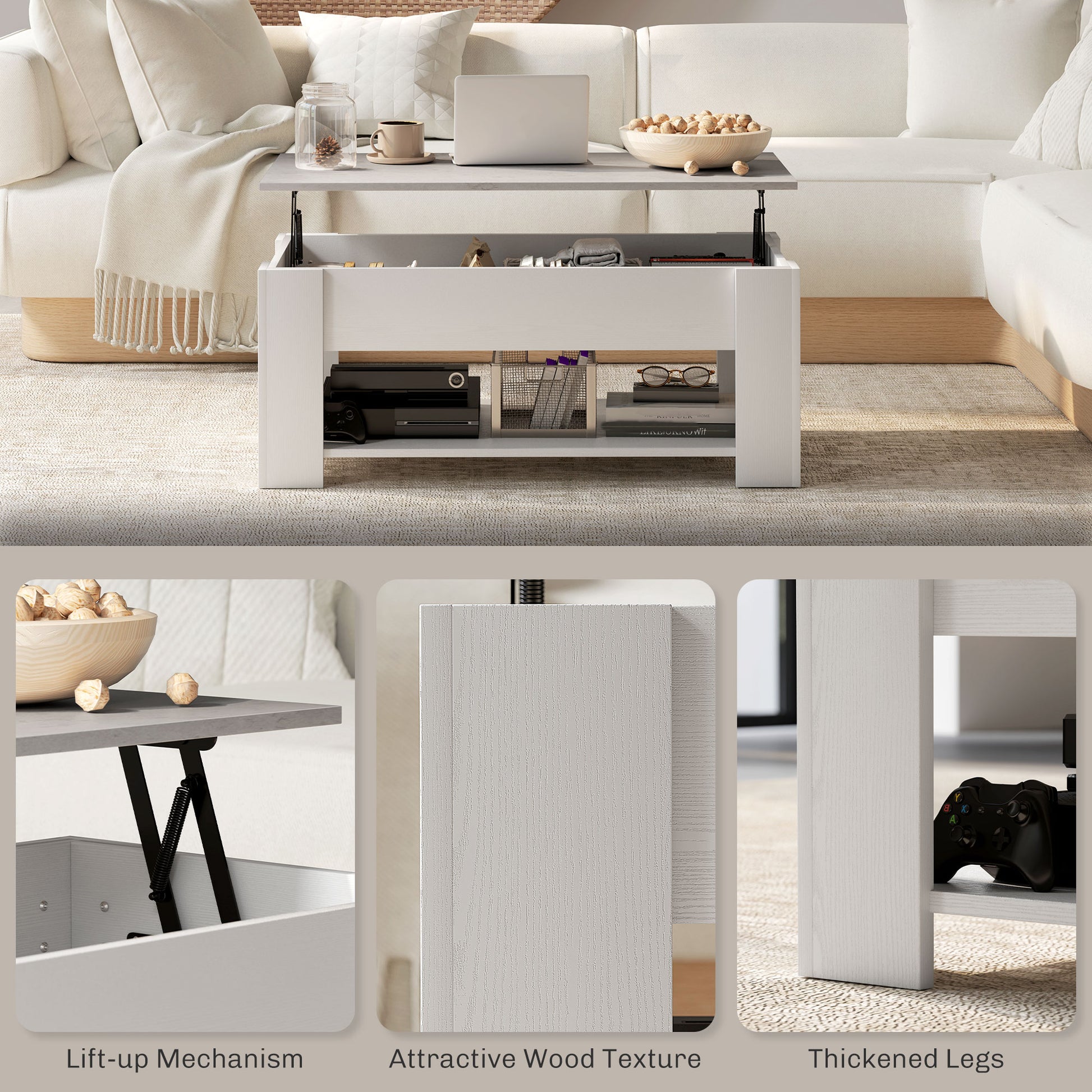 Lift Top Coffee Table with Storage and Shelf - White-Home Furnishings > Living Room Furniture > Coffee Tables-DECOROLALA