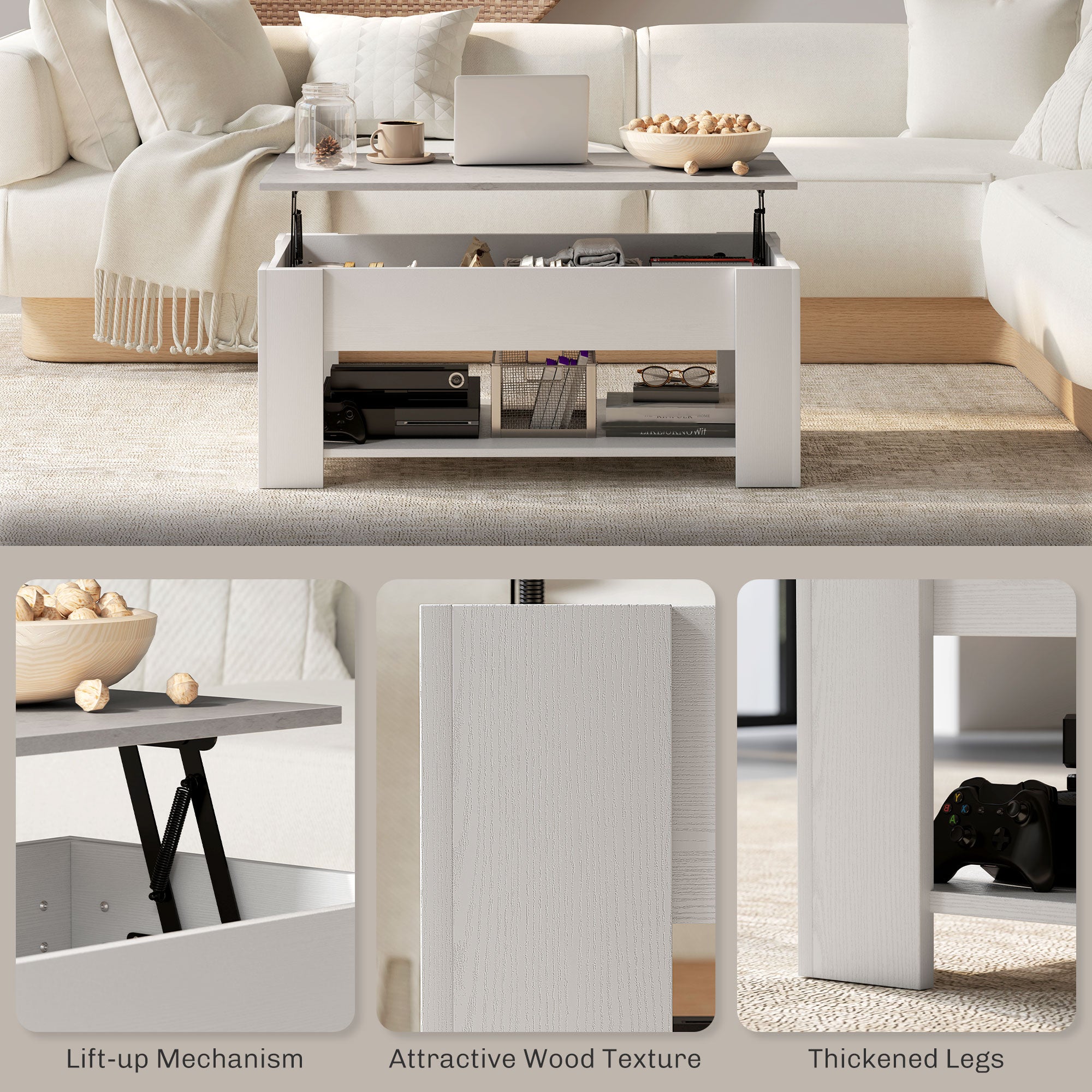 Lift Top Coffee Table with Storage and Shelf - White-Home Furnishings > Living Room Furniture > Coffee Tables-DECOROLALA