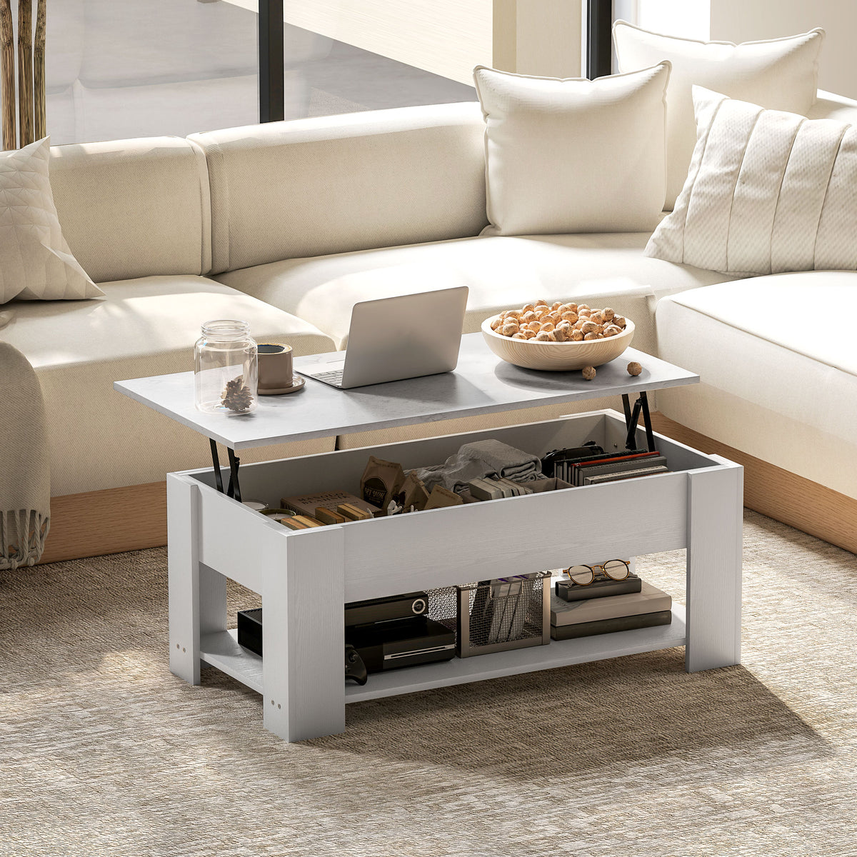 Lift Top Coffee Table with Storage and Shelf - White-Home Furnishings > Living Room Furniture > Coffee Tables-DECOROLALA
