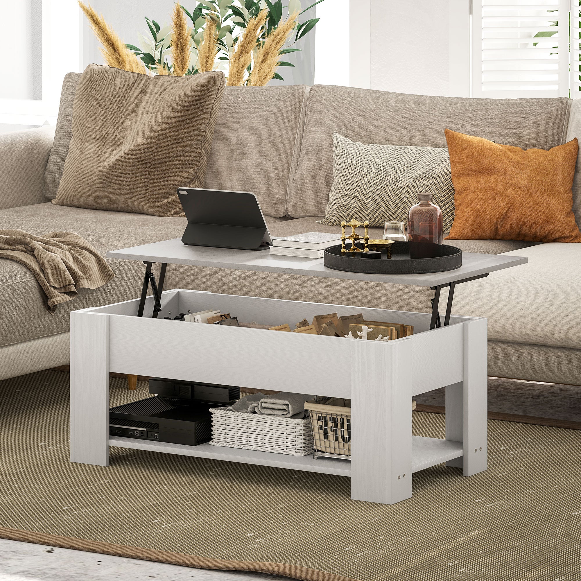 Lift Top Coffee Table with Storage and Shelf - White-Home Furnishings > Living Room Furniture > Coffee Tables-DECOROLALA