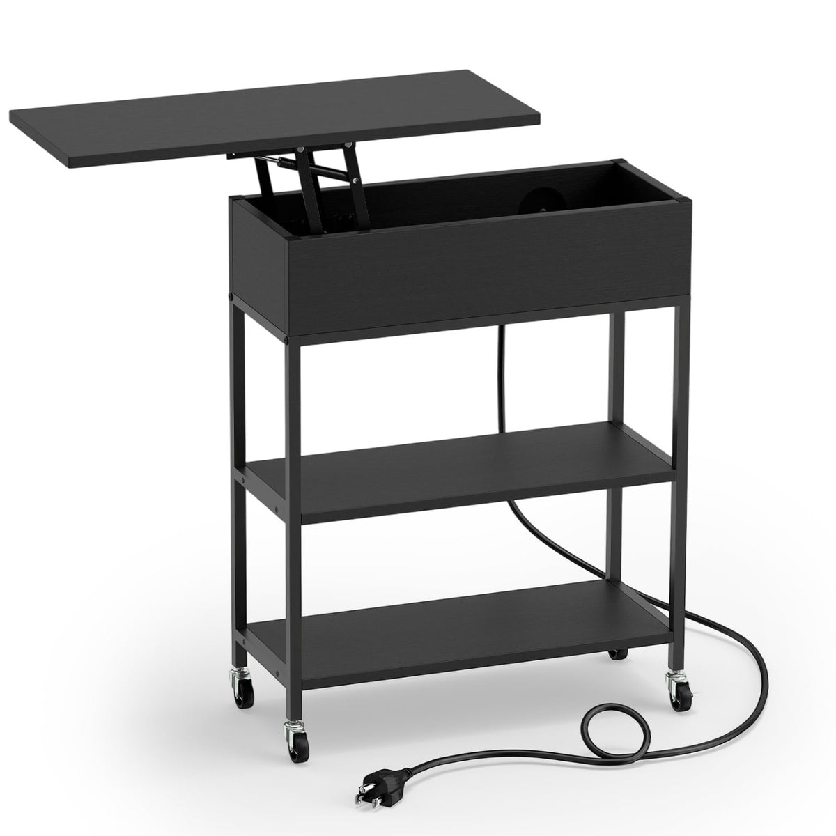 Lift Top End Table with Charging Station and Universal Wheels-Black-End & Side Tables-DECOROLALA