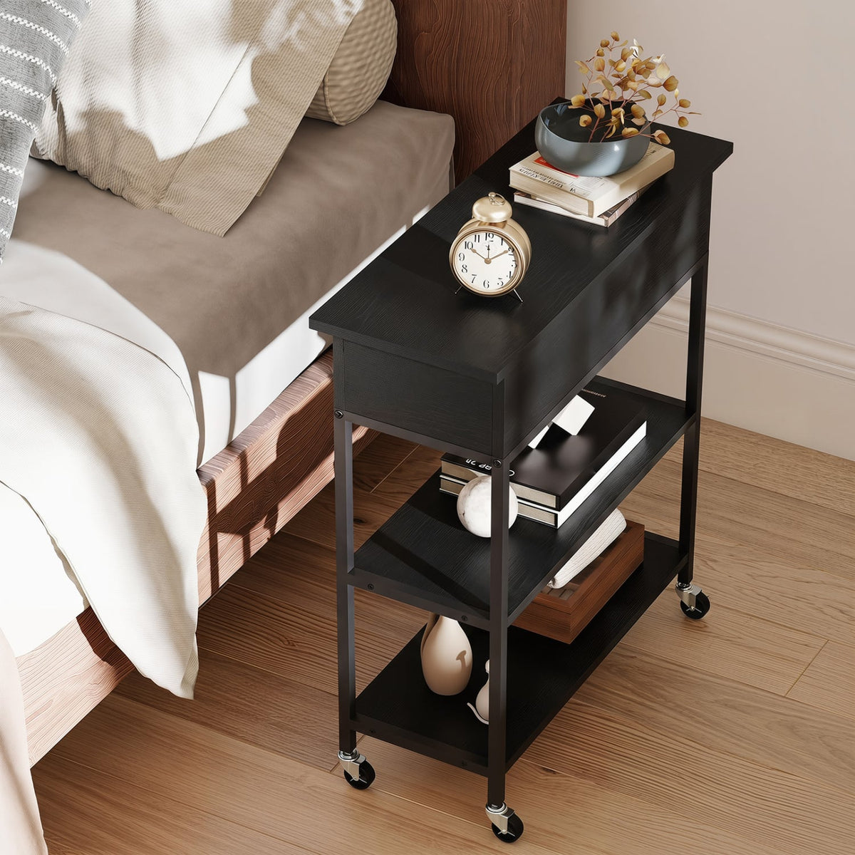 Lift Top End Table with Charging Station and Universal Wheels-Black-End & Side Tables-DECOROLALA