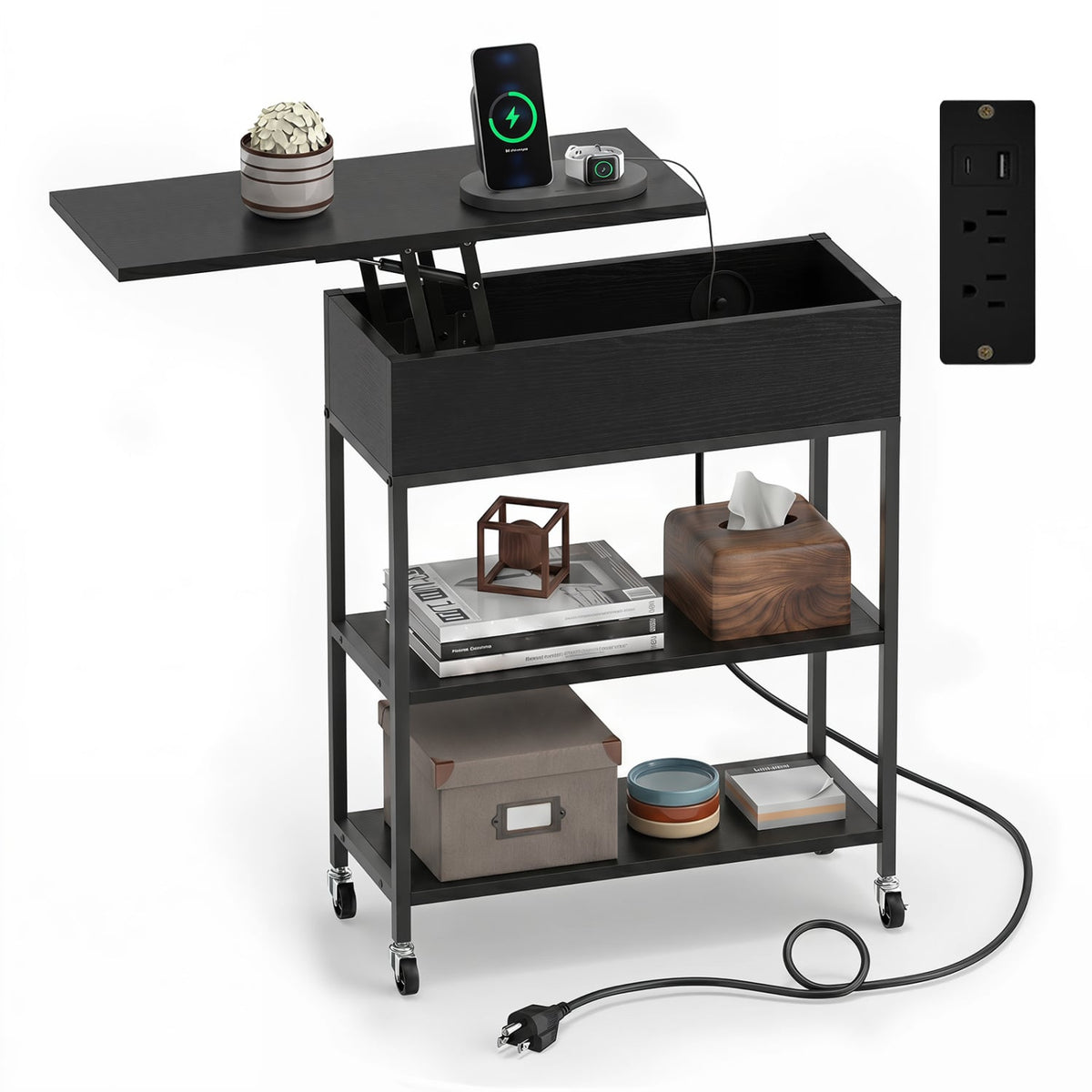 Lift Top End Table with Charging Station and Universal Wheels-Black-End & Side Tables-DECOROLALA