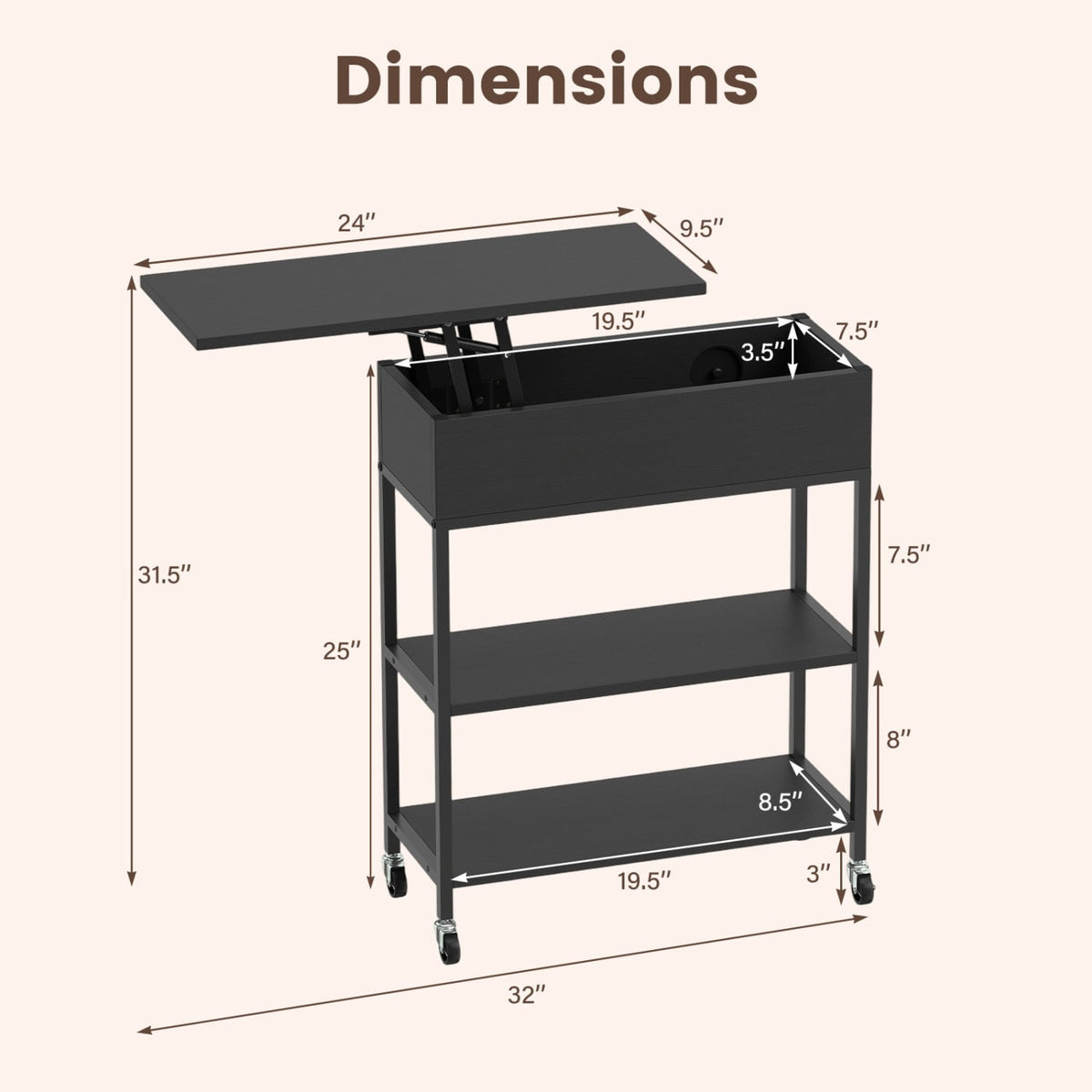 Lift Top End Table with Charging Station and Universal Wheels-Black-End & Side Tables-DECOROLALA