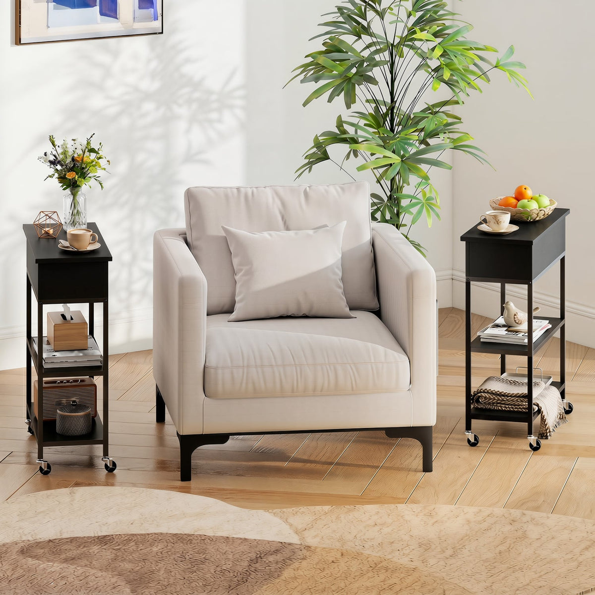 Lift Top End Table with Charging Station and Universal Wheels-Black-End & Side Tables-DECOROLALA