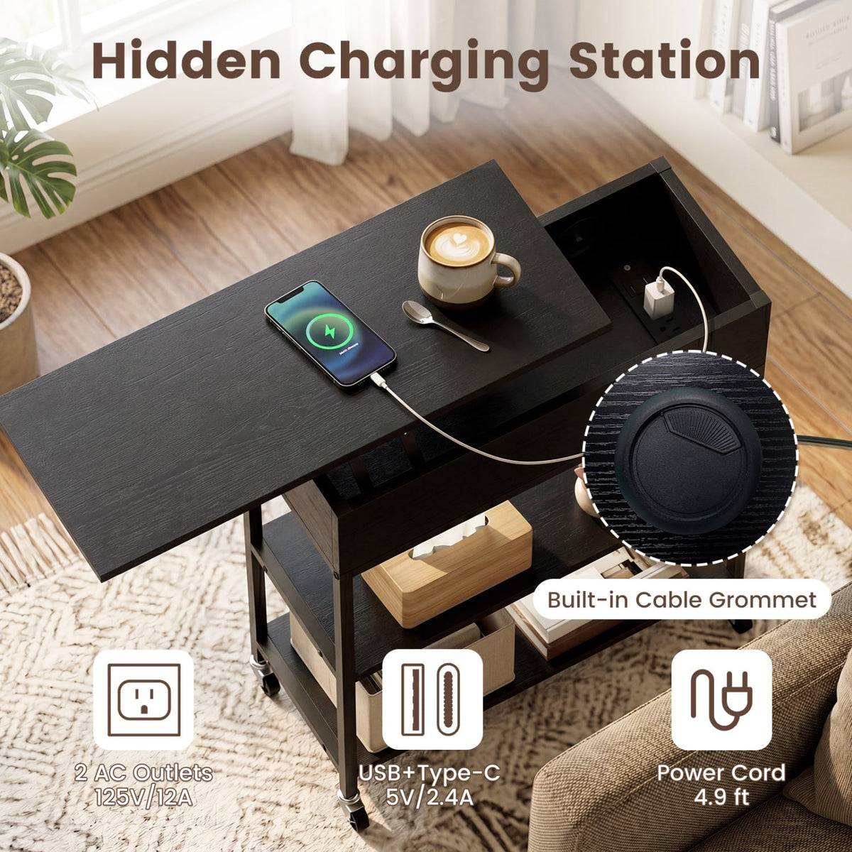 Lift Top End Table with Charging Station and Universal Wheels-Black-End & Side Tables-DECOROLALA