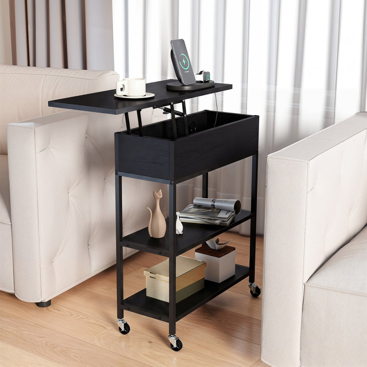 Lift Top End Table with Charging Station and Universal Wheels-Black-End & Side Tables-DECOROLALA