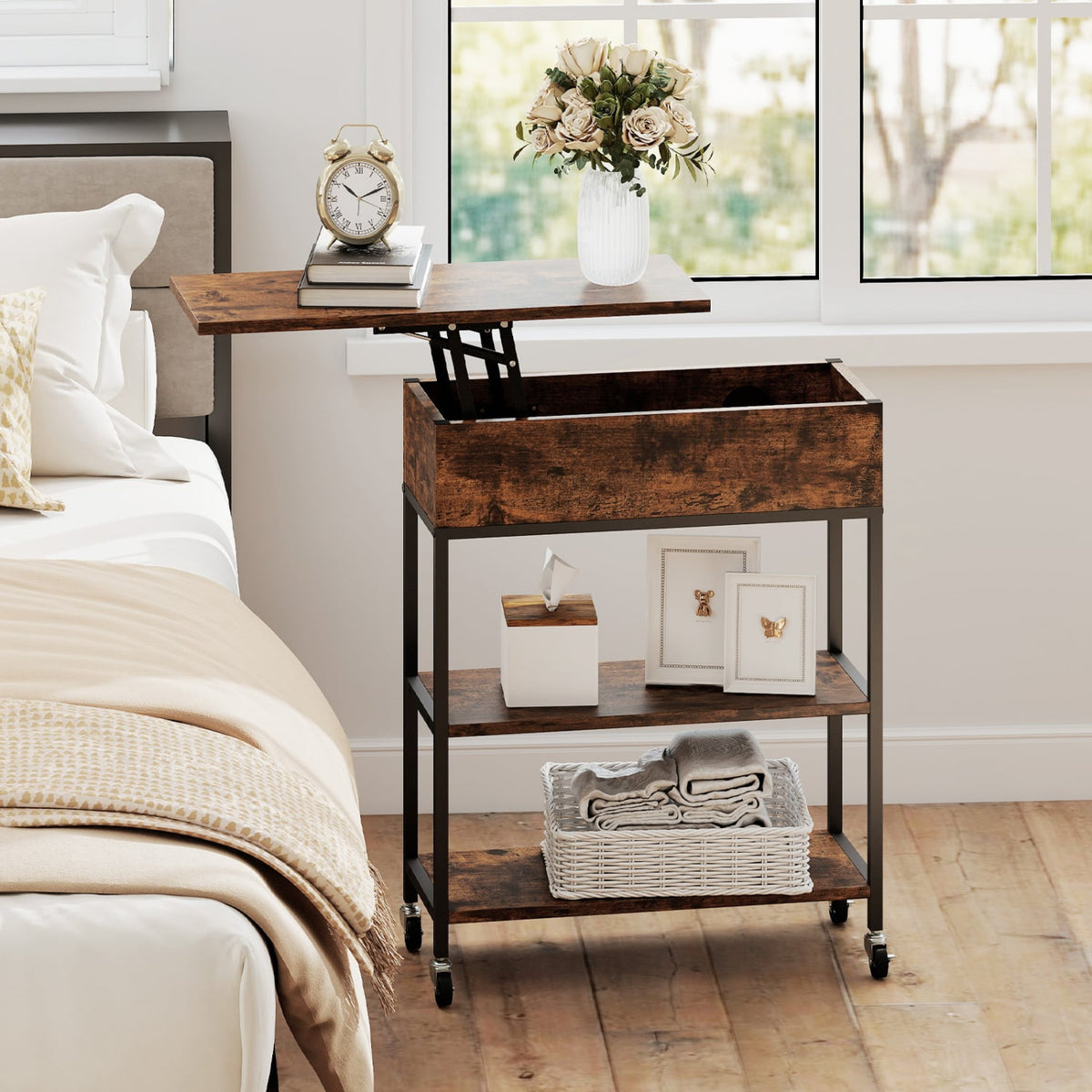 Lift Top End Table with Charging Station and Universal Wheels-Rustic Brown-End & Side Tables-DECOROLALA