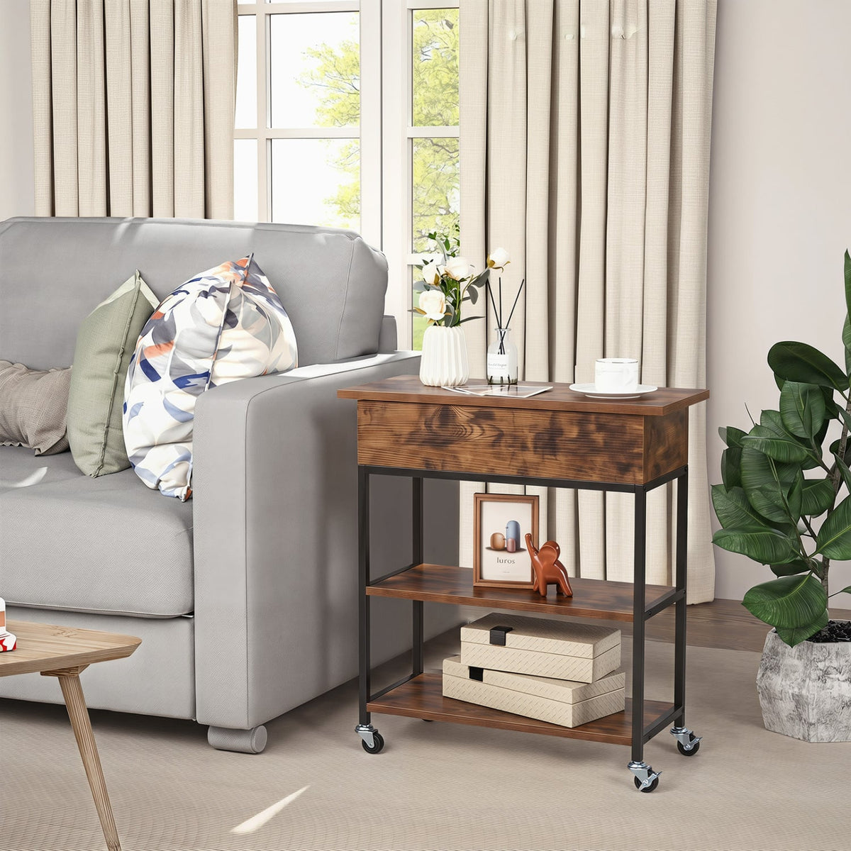 Lift Top End Table with Charging Station and Universal Wheels-Rustic Brown-End & Side Tables-DECOROLALA